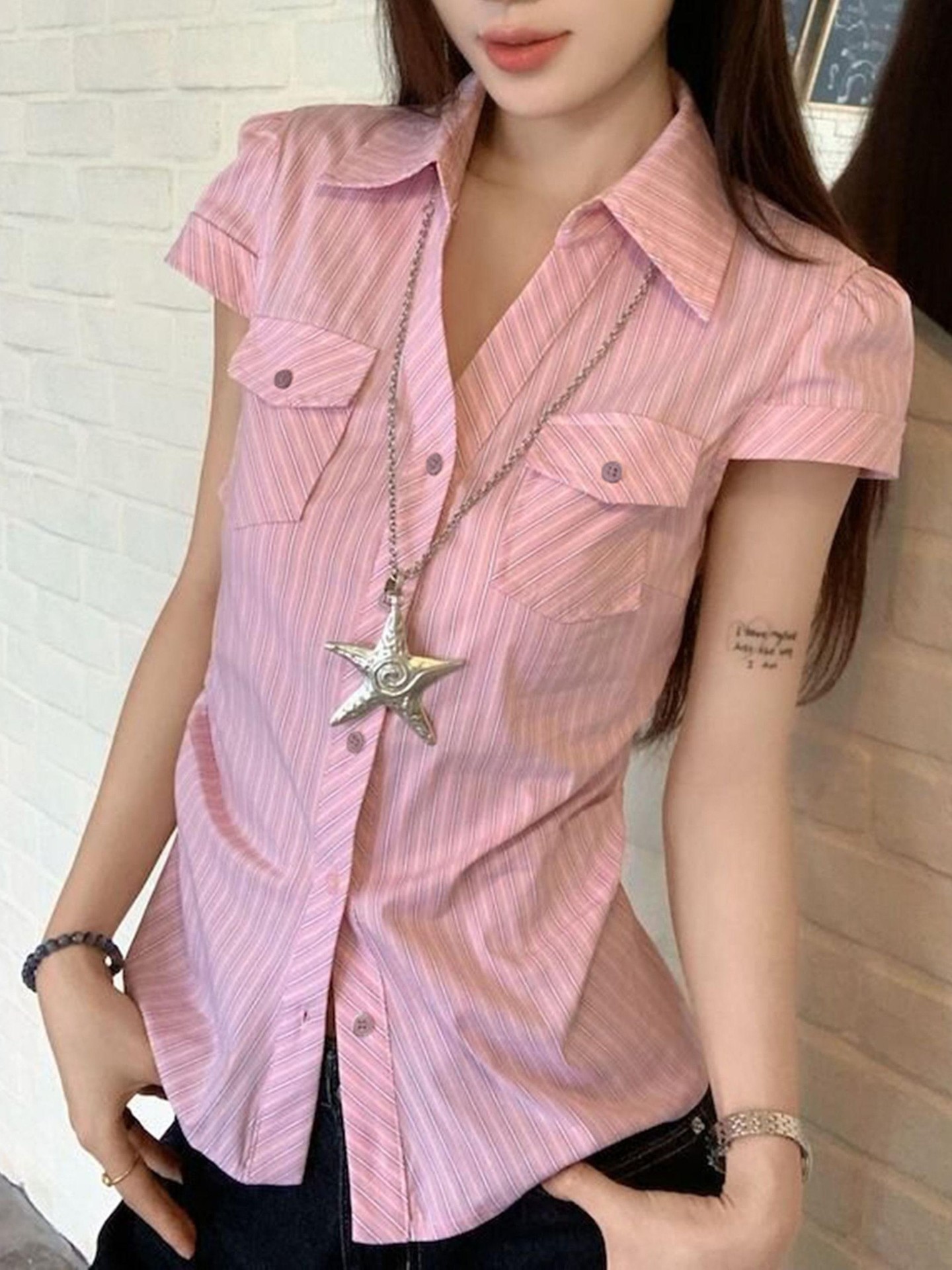 Pink Striped Short Sleeve Shirt with Chest Pockets