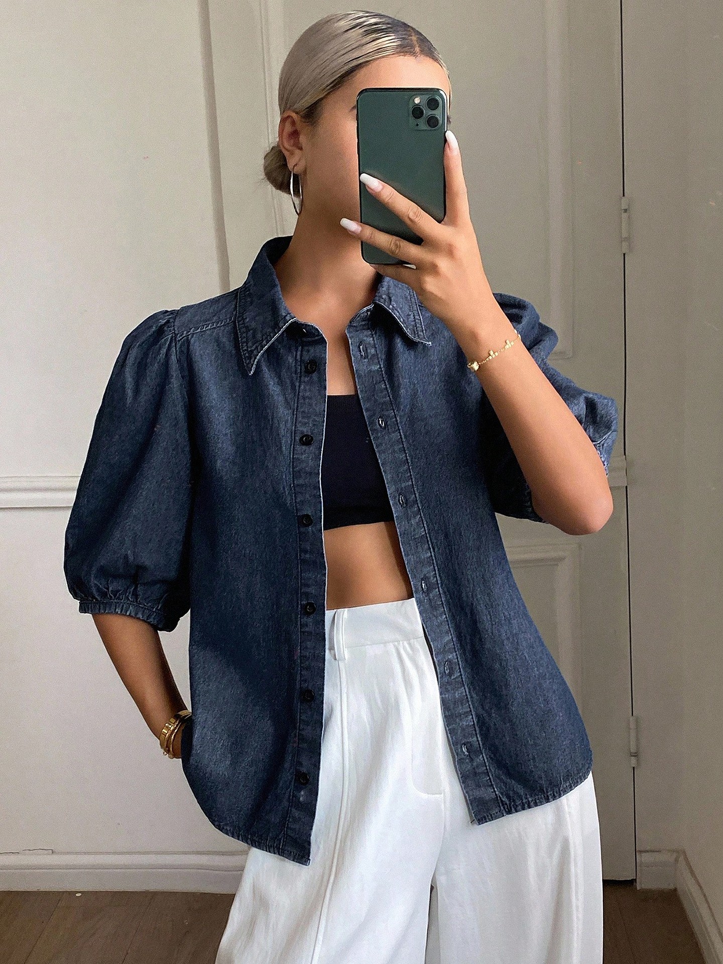 Dark Wash Puff Sleeve Denim Blouse