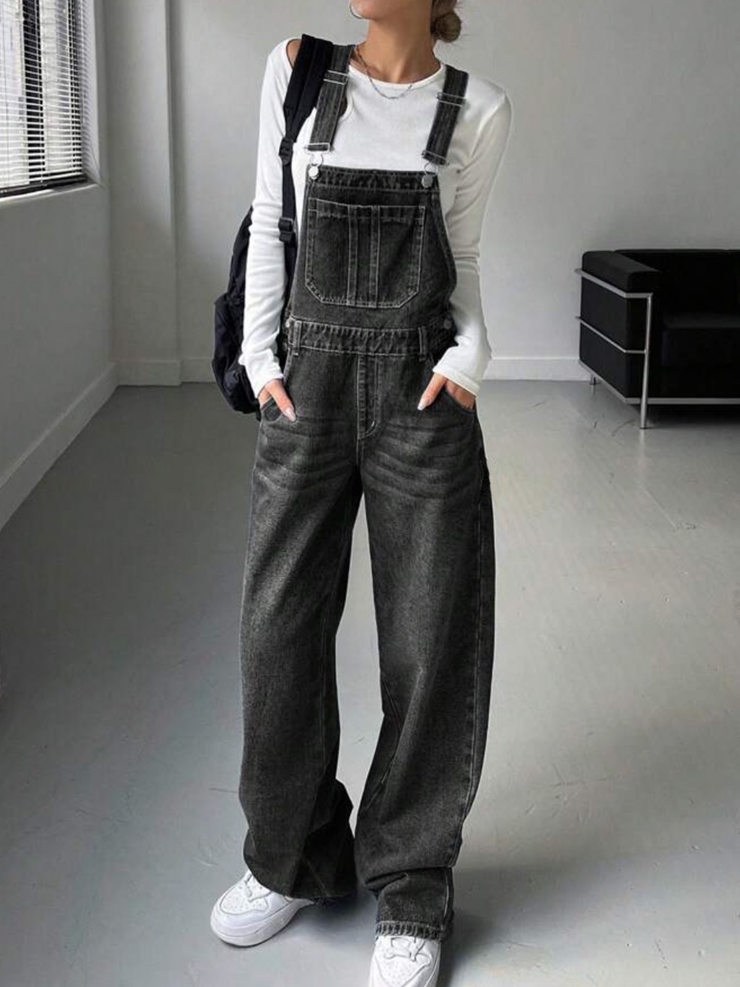 Washed Black Detachable Denim Pinafore Jeans
