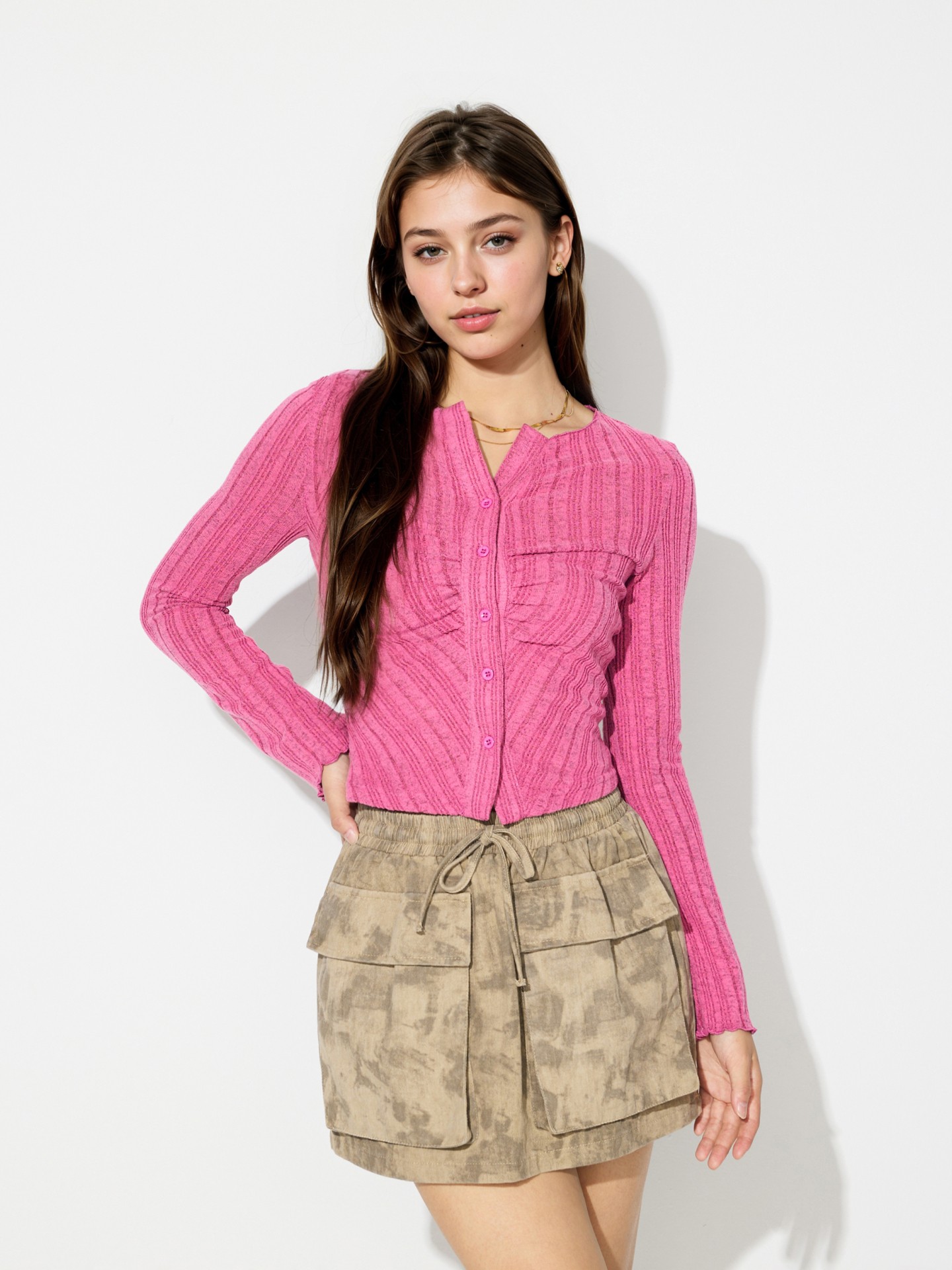 Gathered Long Sleeve Button-Front Top