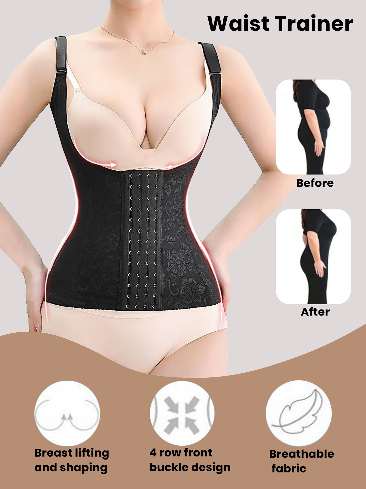 Snatched Floral Mesh 4-Row Hook Waist Trainer Corset