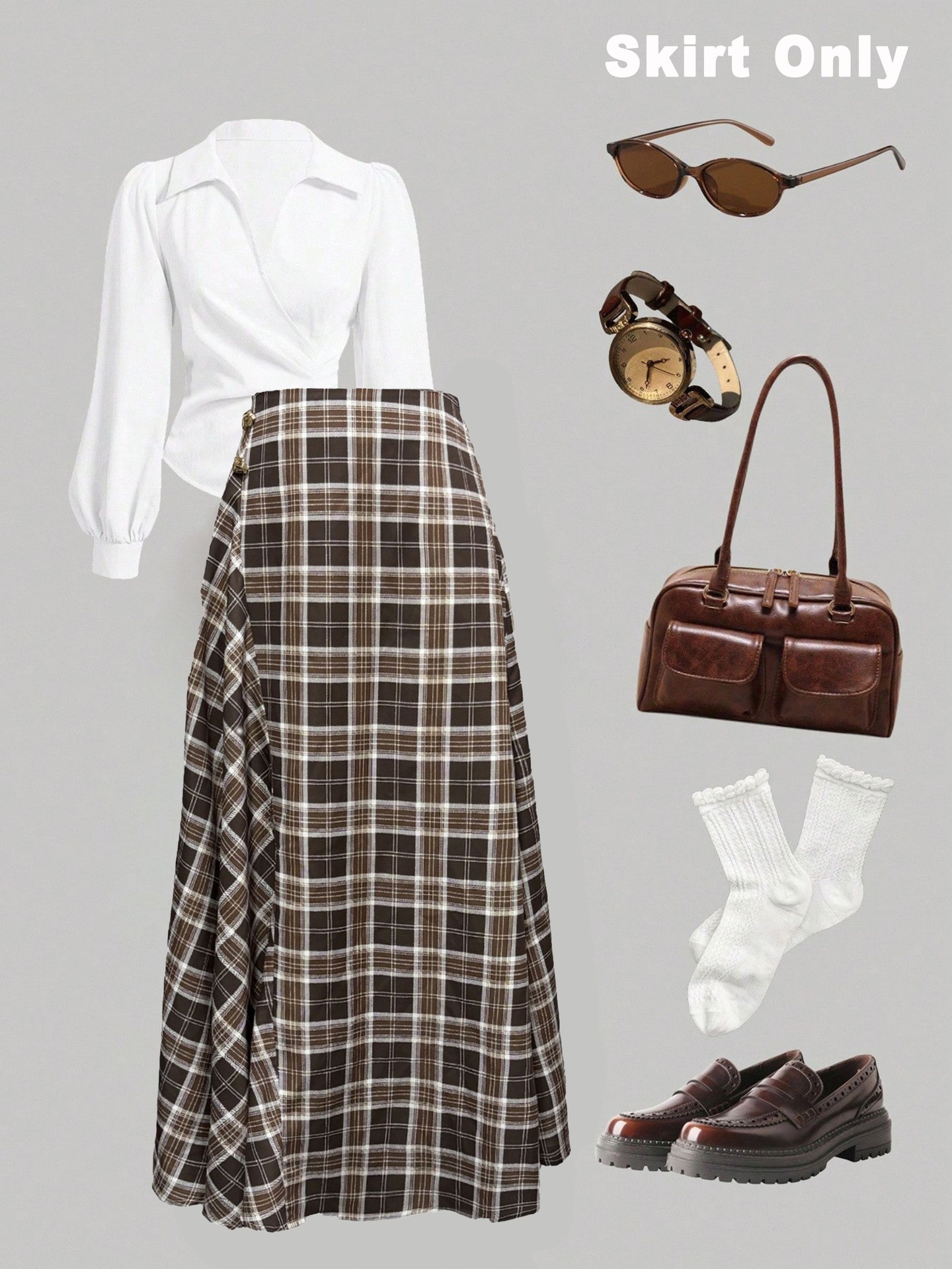 Plaid A-Line Skirt with Decorative Metal Buttons