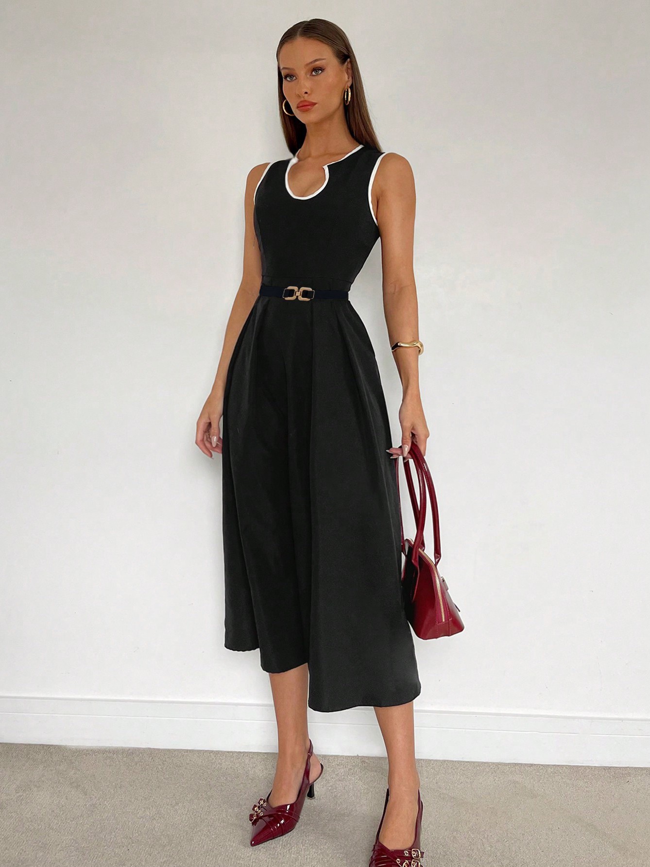 Polished Contrast-Trim Belted Midi Tank Dress