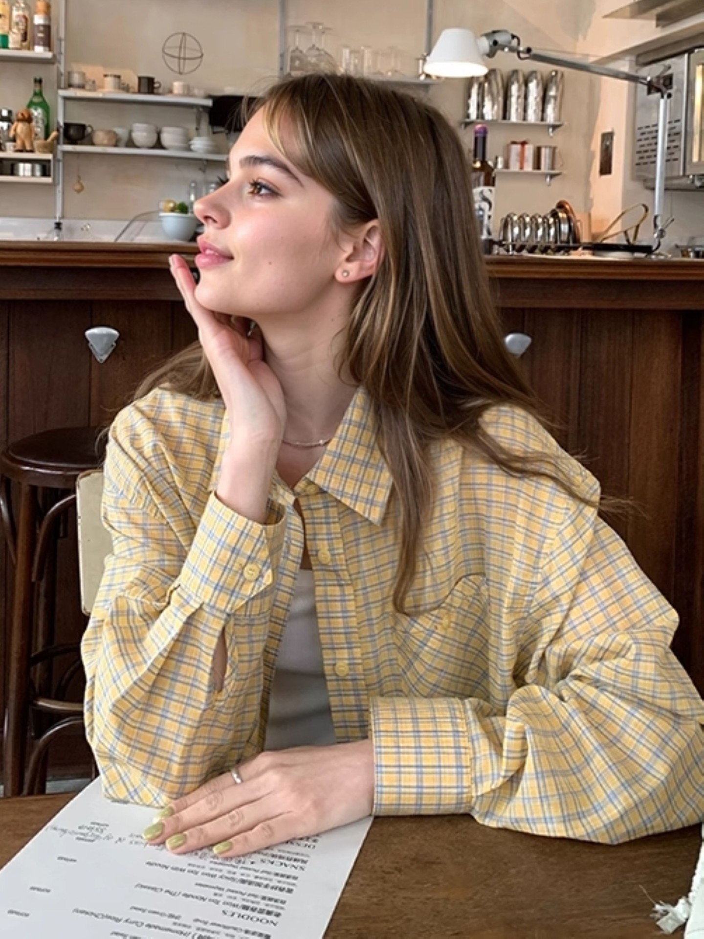 Yellow and blue plaid casual long-sleeved shirt