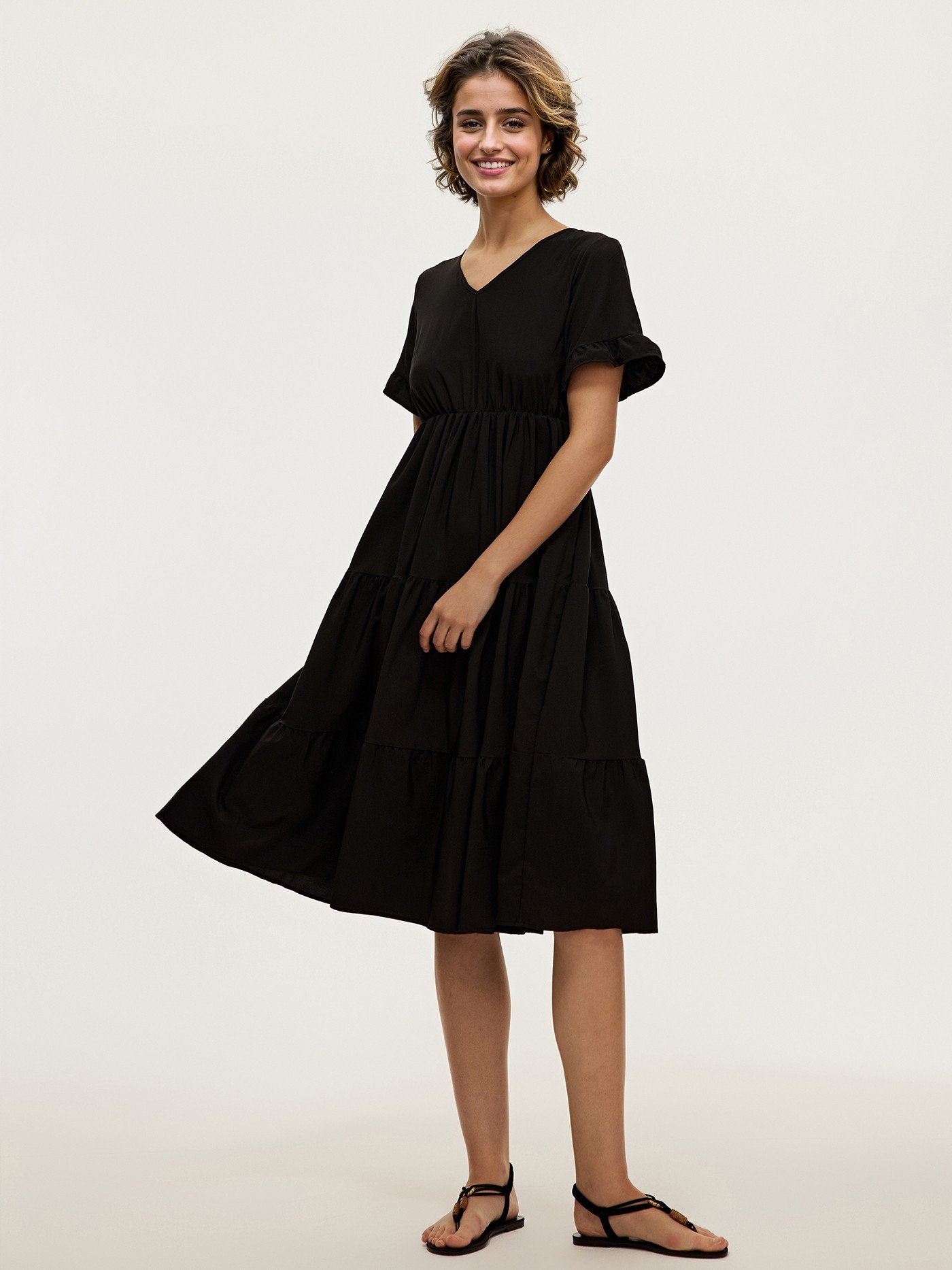 Midi V-neck Dress With Ruffles