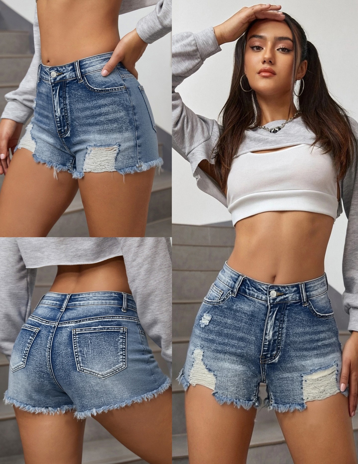 Regular waist Vintage Medium Wash Raw Hem Wide Leg Jeans