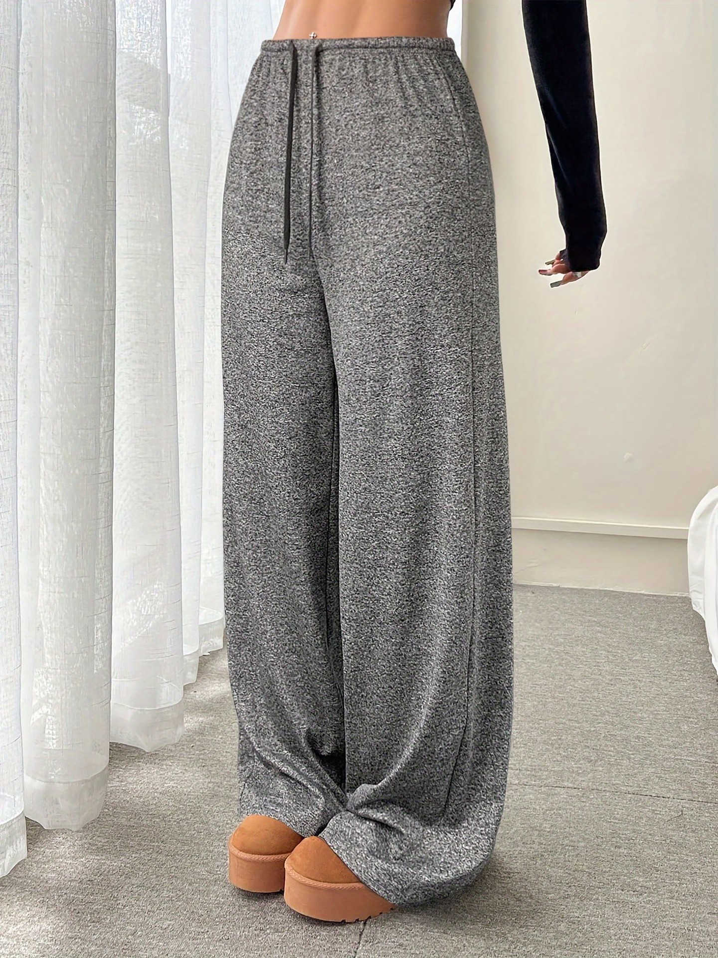 [Slightly Stretchable] High Waist Grey Drawstring Straight Leg Pants
