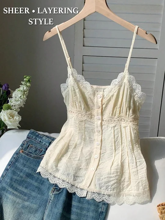 yilon LACE TRIM TIERED CAMI TOP IVORY 𝐋𝐀𝐂𝐄 𝐓𝐑𝐈𝐌