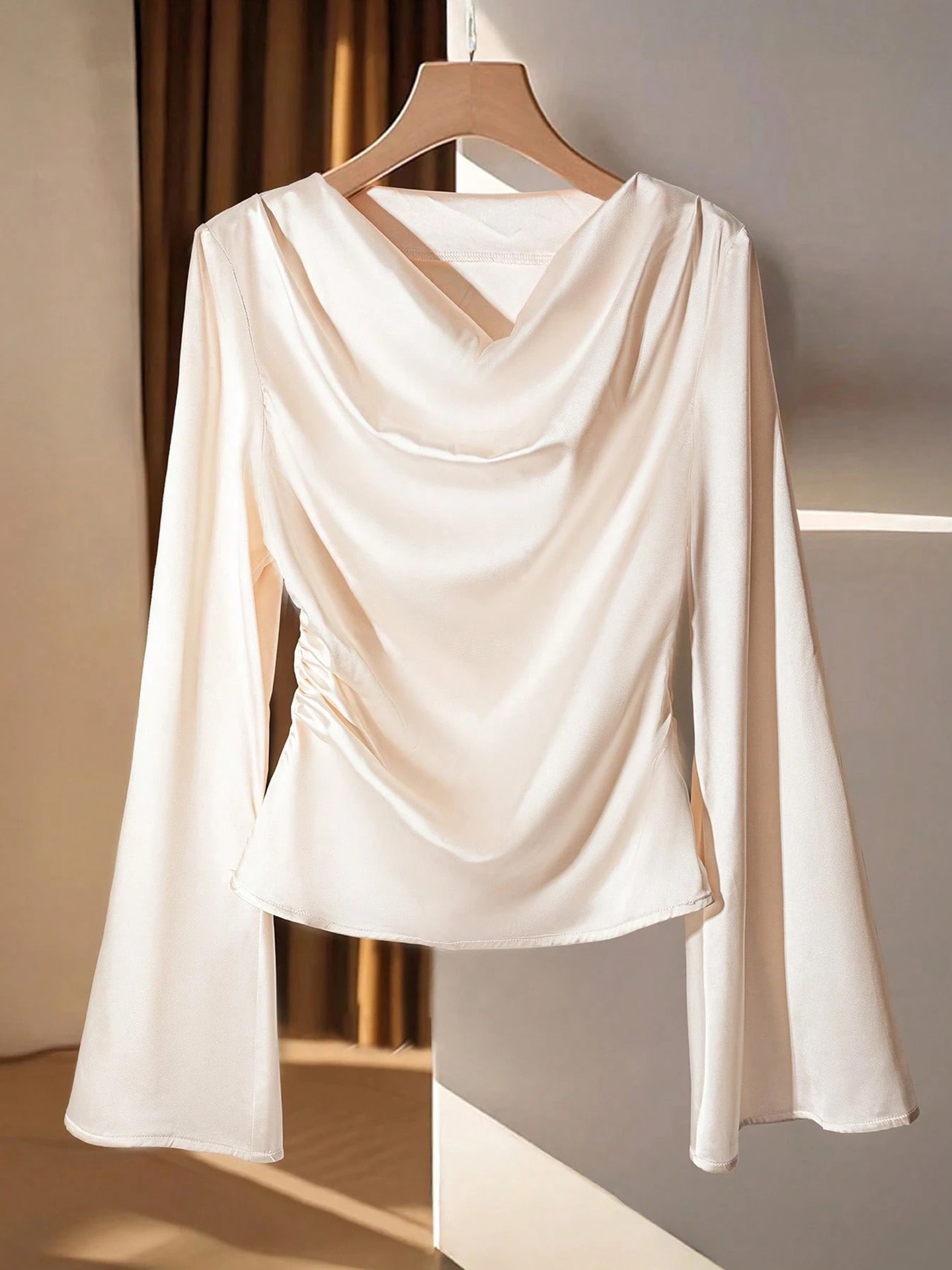 Satin Cowl Neck Top with Flared Sleeve