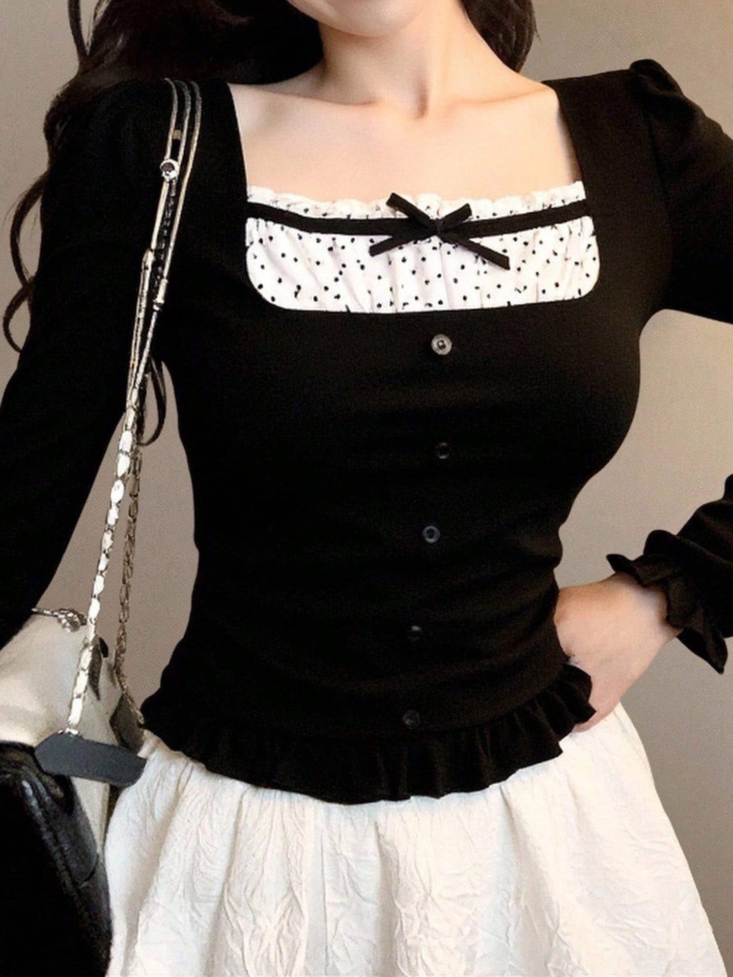 Polka-Dot Contrast Top With Bow 