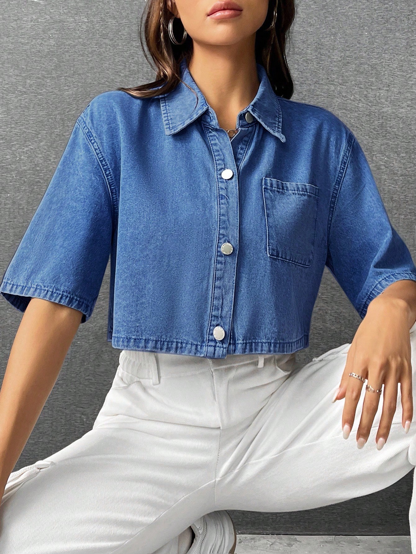 Vintage Medium Wash Short Sleeve Denim Blouse