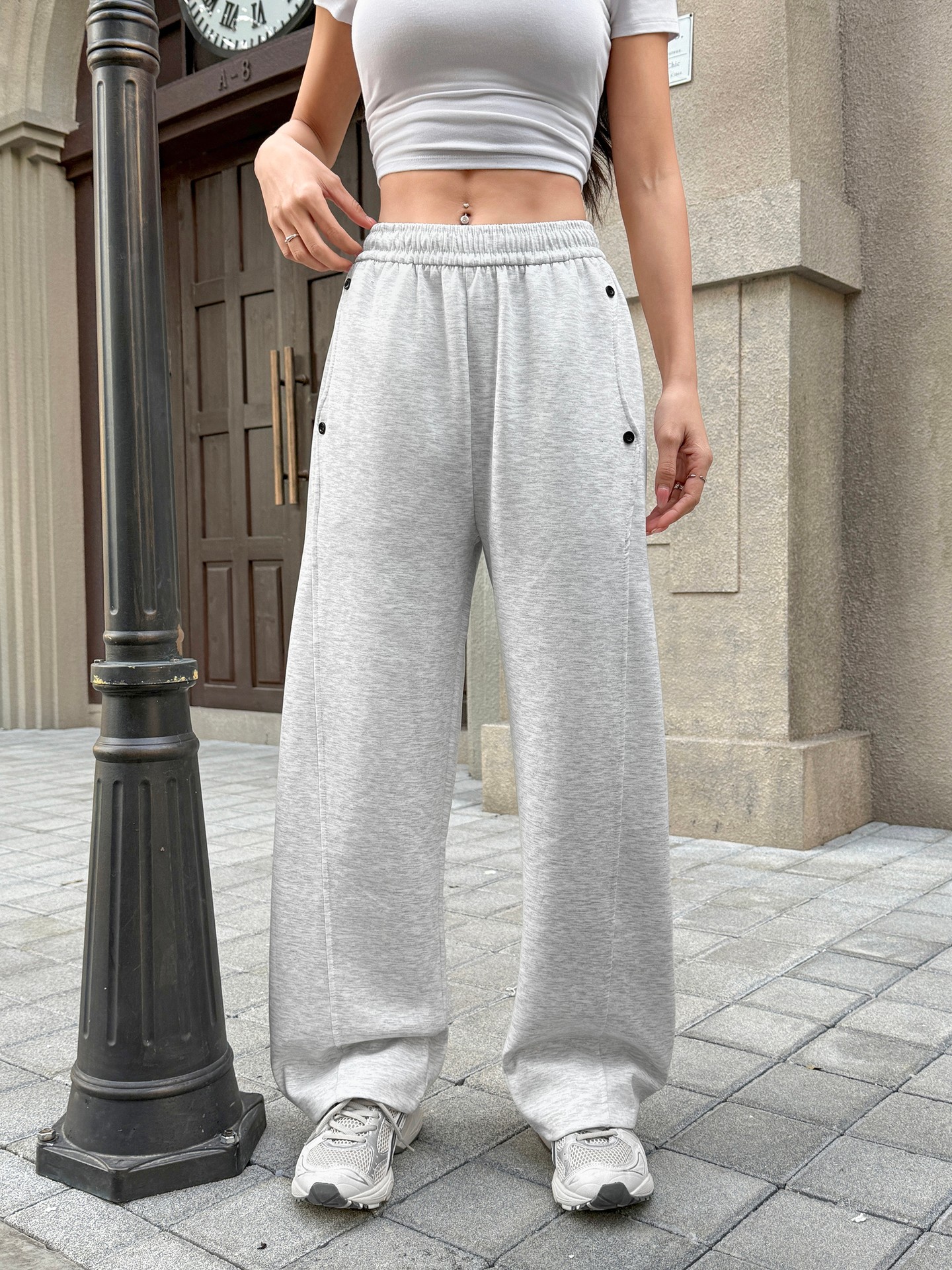 [Slightly Stretchable] High Waist Light Grey Button Straight Leg Pants