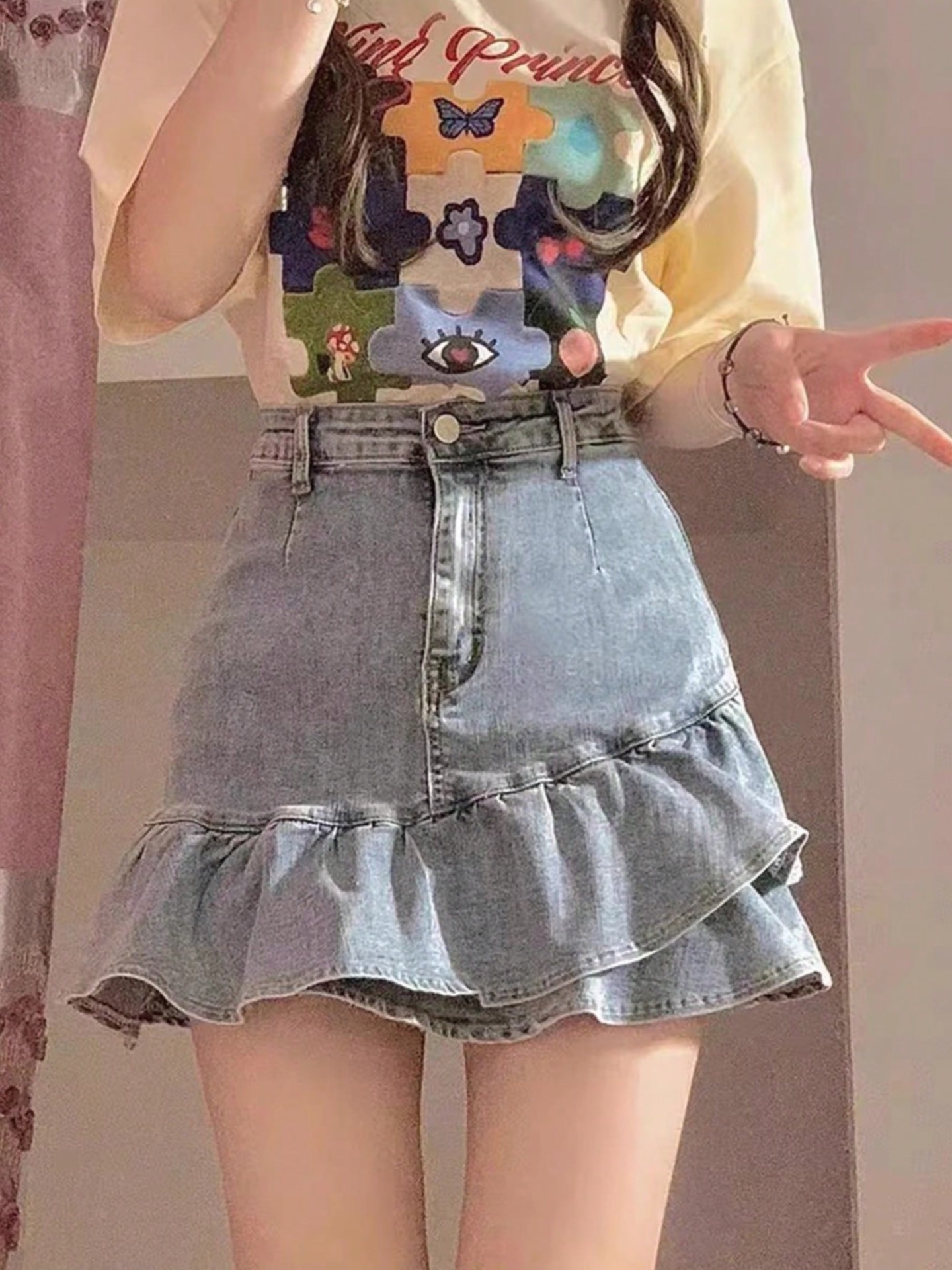 [ High Stretch ] High Waist Light Wash Ruffle Denim A-Line Skirt