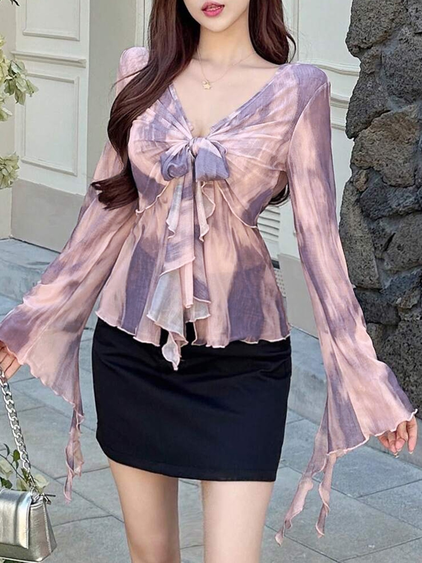 Korean Bell Sleeve Ruffle Slim Fit top
