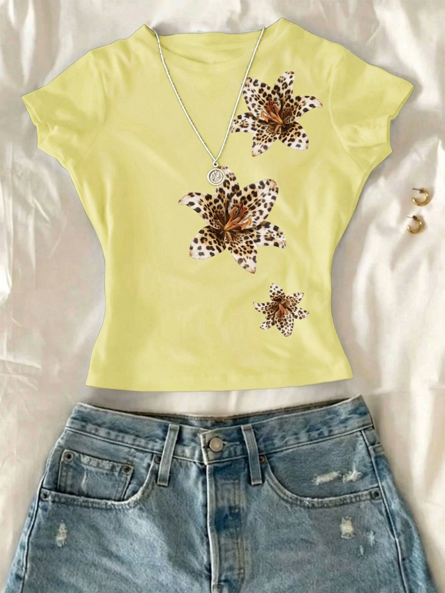 Y2K Leopard Lily Print Crop Pullover T-Shirt