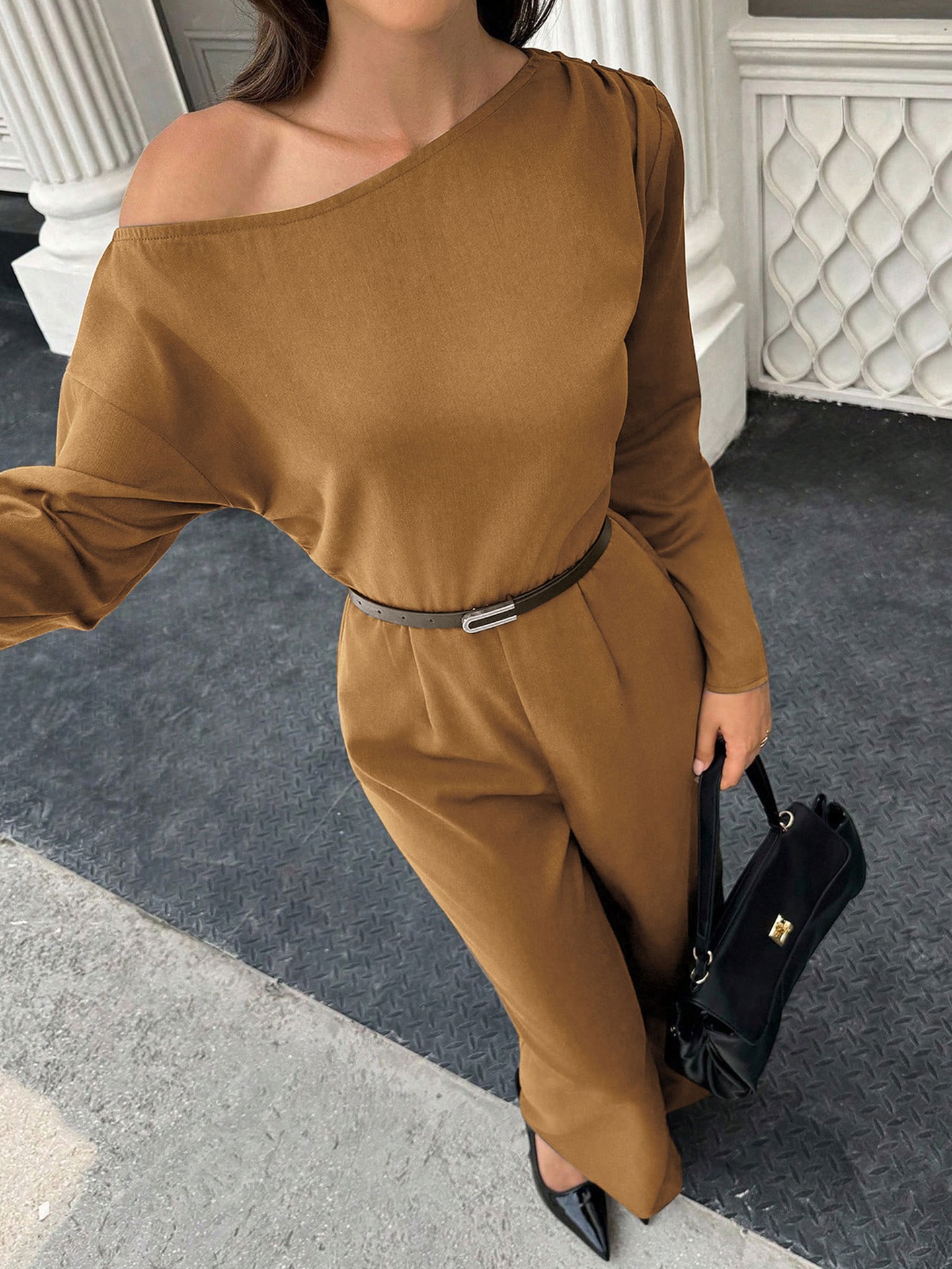 Asymmetric Neck Long Sleeve Structured Woven Pant Jumpsuit
