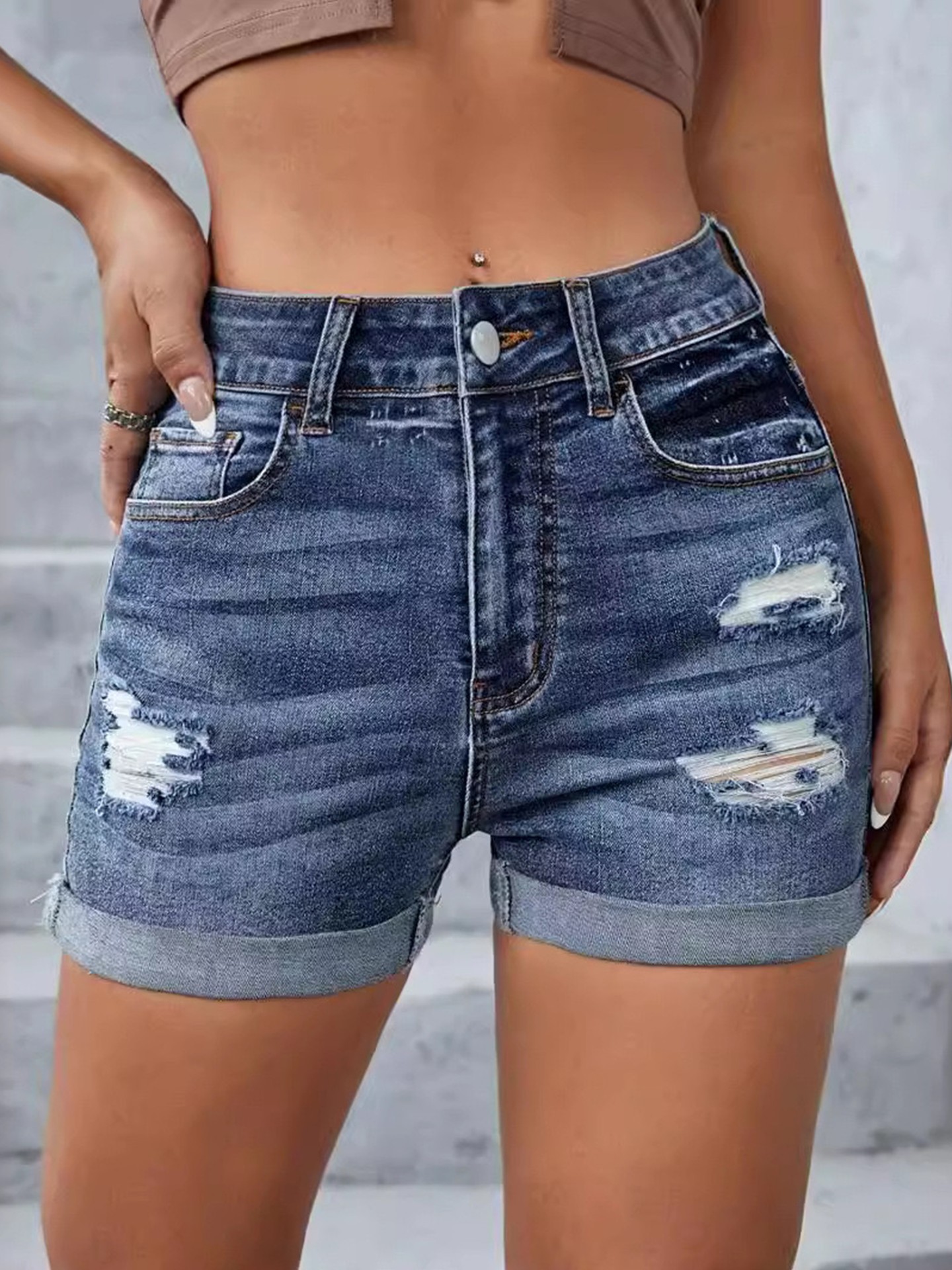 Ripped Denim Straight Leg Shorts