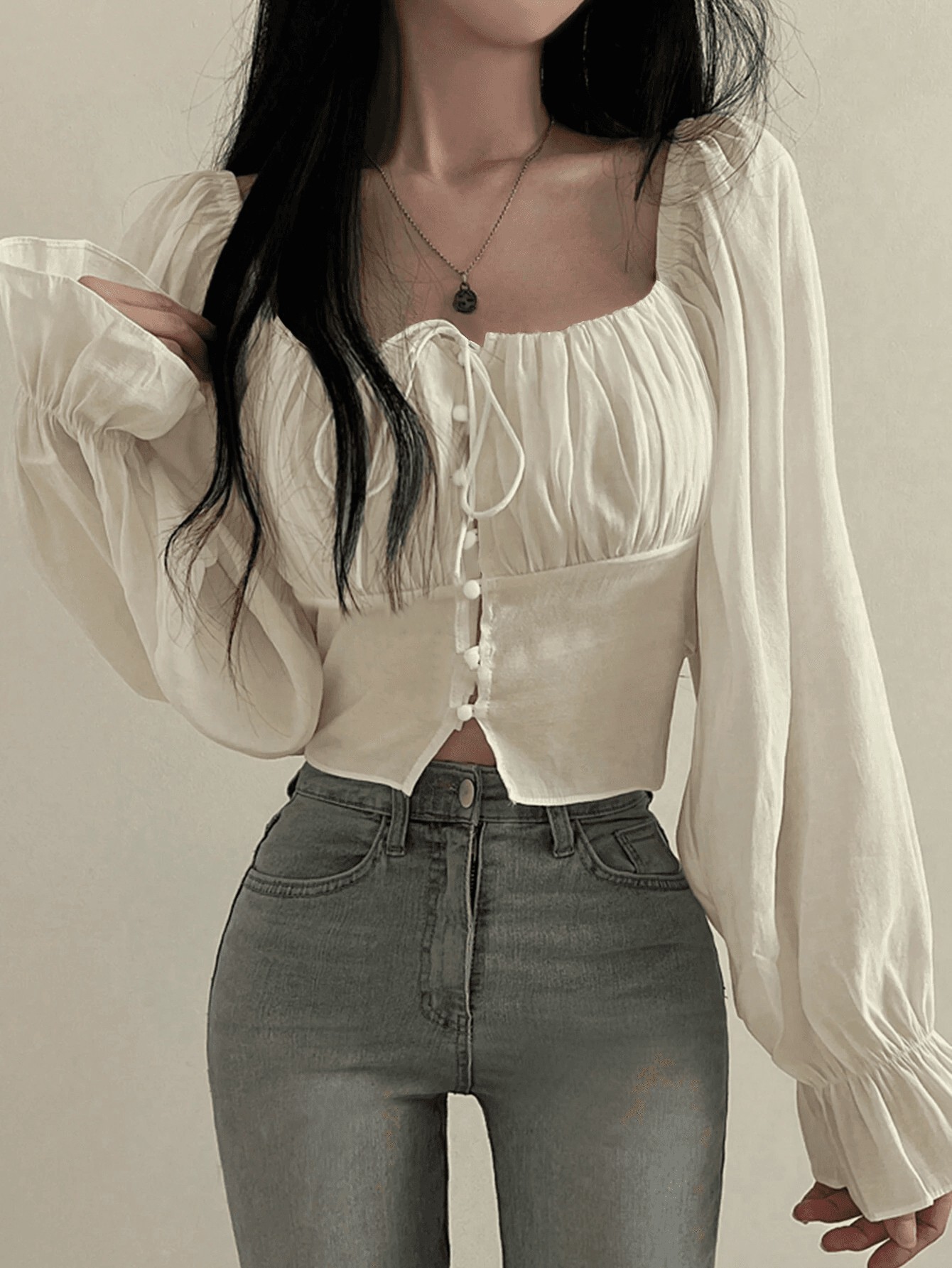 Square Neck Tie Front Puff Long Sleeve Top