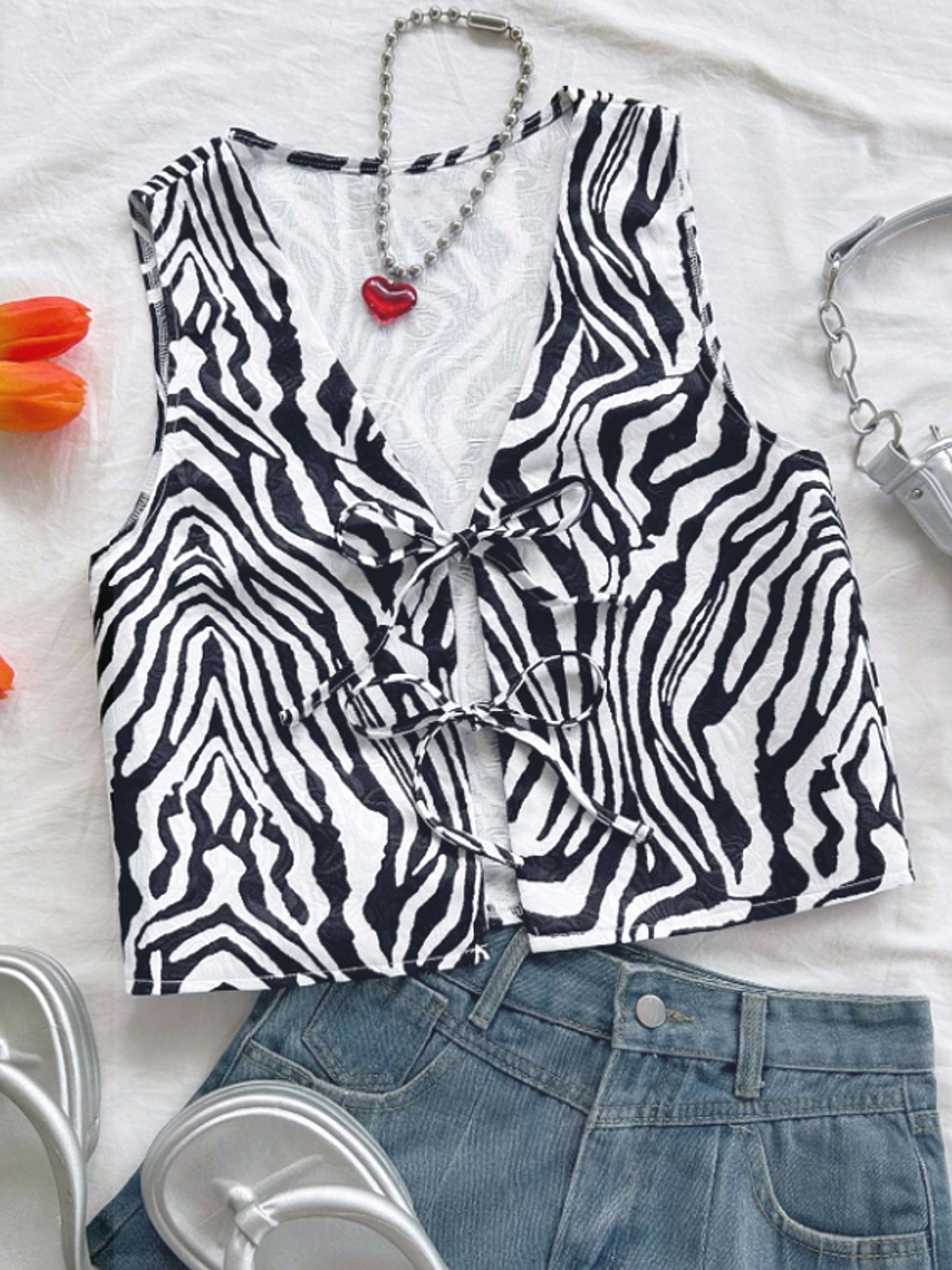 Zebra Print Tie Front Tank Top