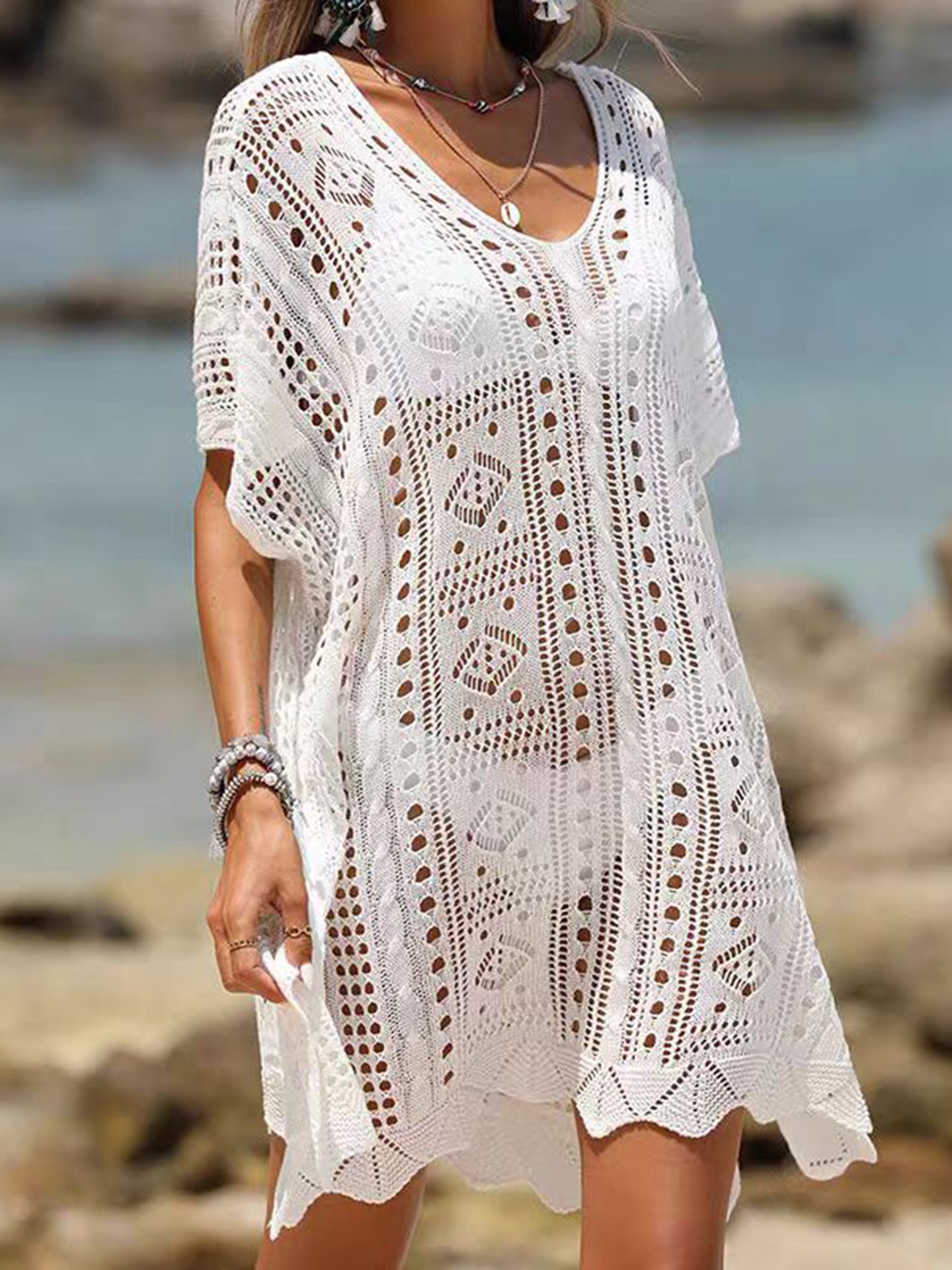 Crochet Hollow-Out Batwing Sleeve Cover Up