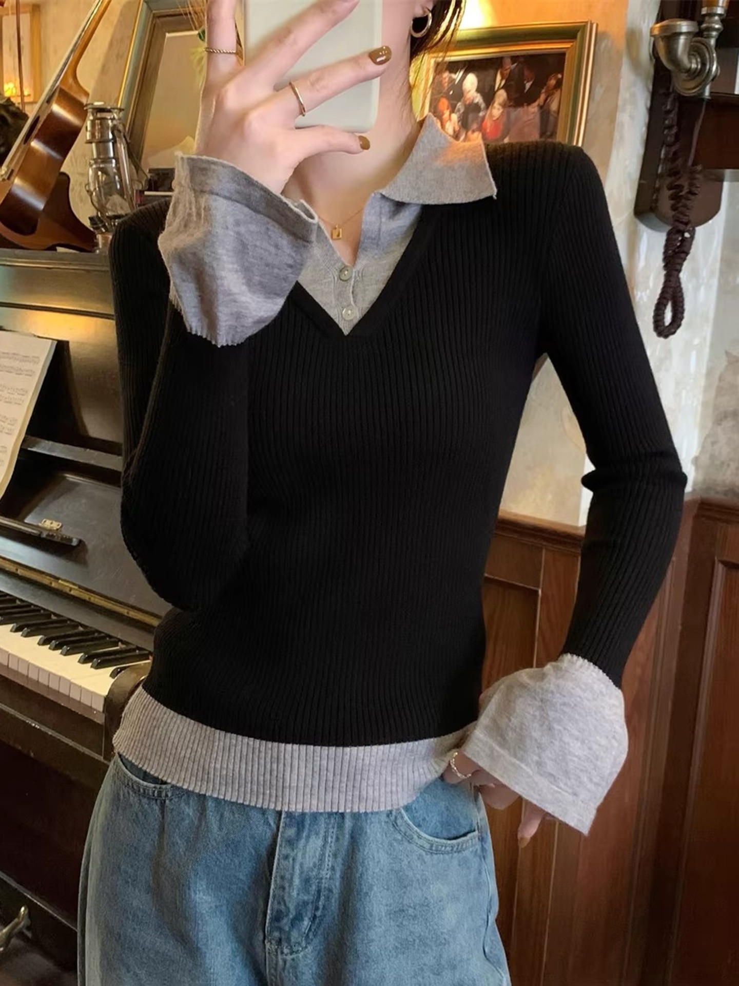 Fake 2 PCS Knit Pullover