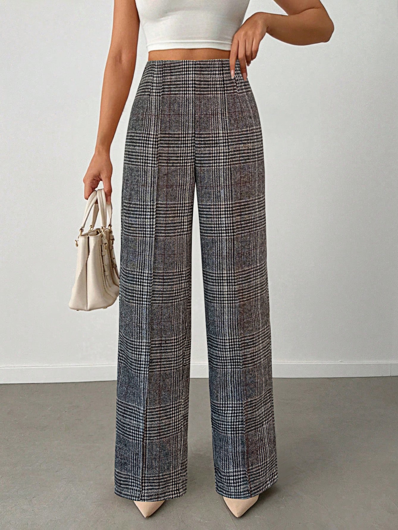 Fleece-Lined Elastic Waist Plaid Straight-Leg Pants