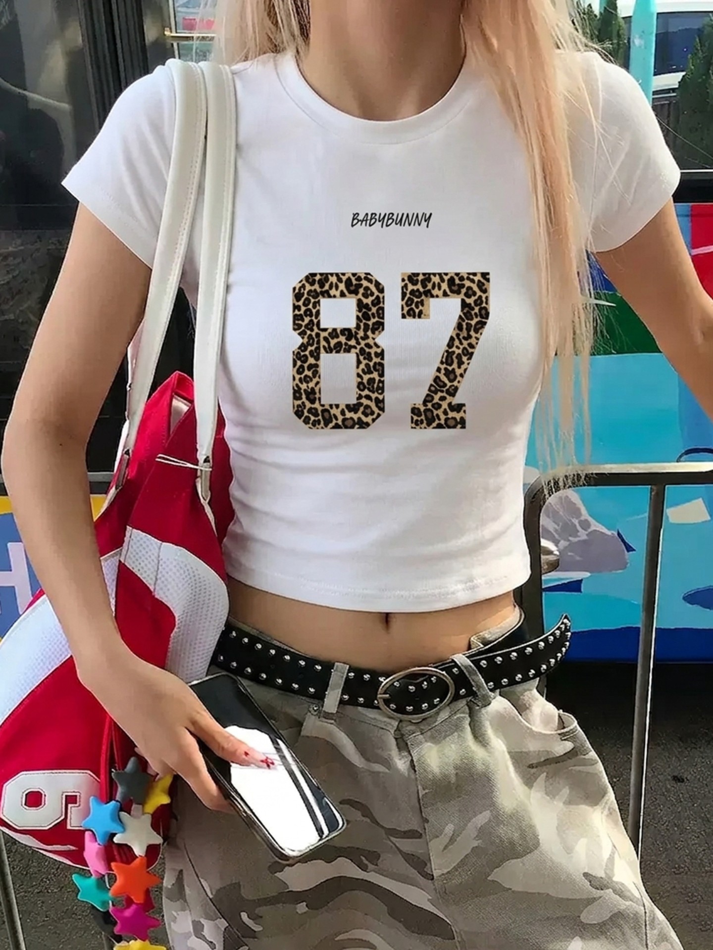Y2K Leopard Number Crop Pullover T-Shirt