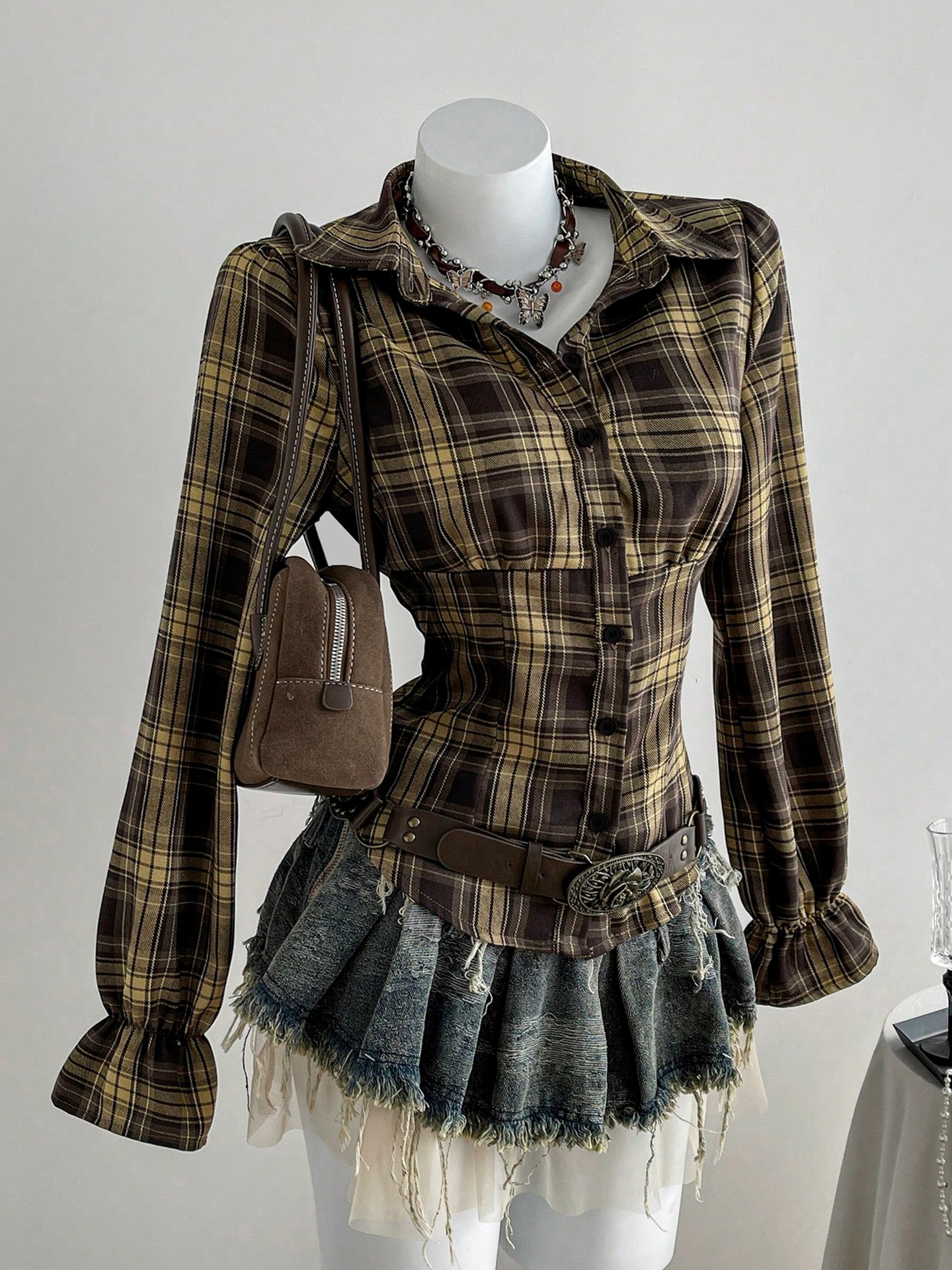 Vintage Brown & Yellow Plaid Slim-fit Shirt with Puff Sleeves