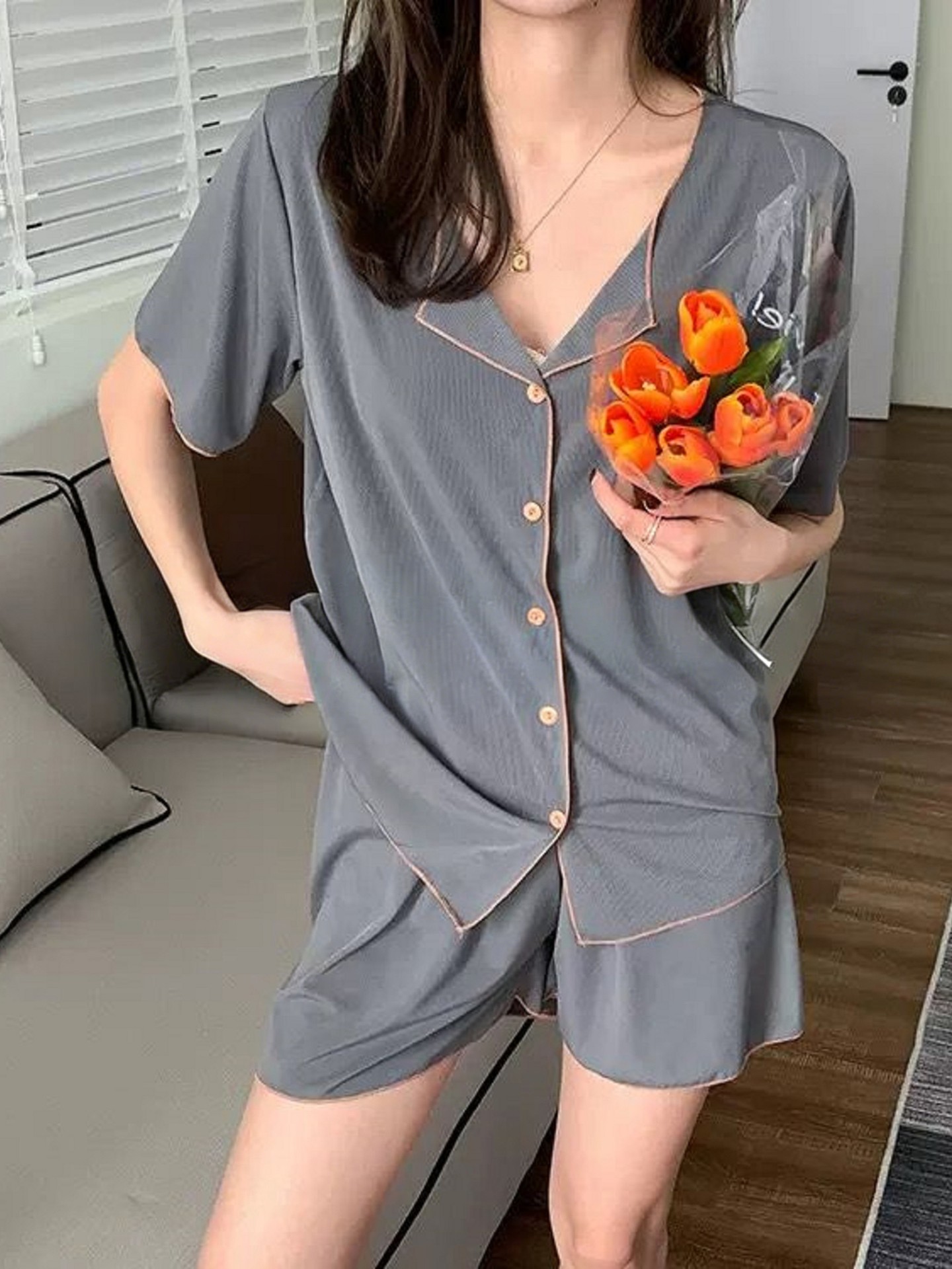 Soft-Night Notch Collar Short Sleeve Sleep Set