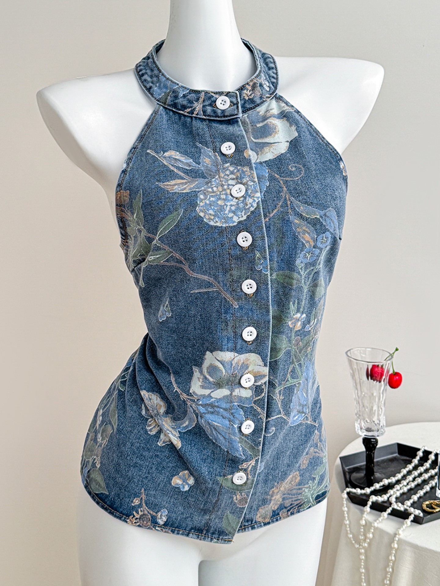 Summer Sleeveless Medium Wash Denim Top