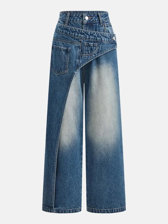 High Waist Graphic Print Vintage Light Wash Wide Leg Jeans