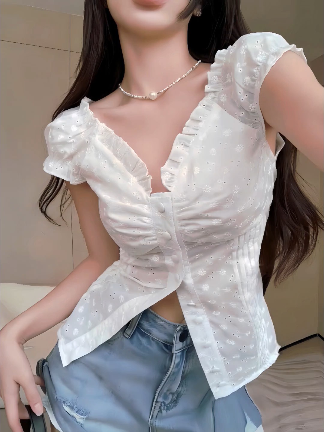 Embroidered Textured Puff Sleeved Top 