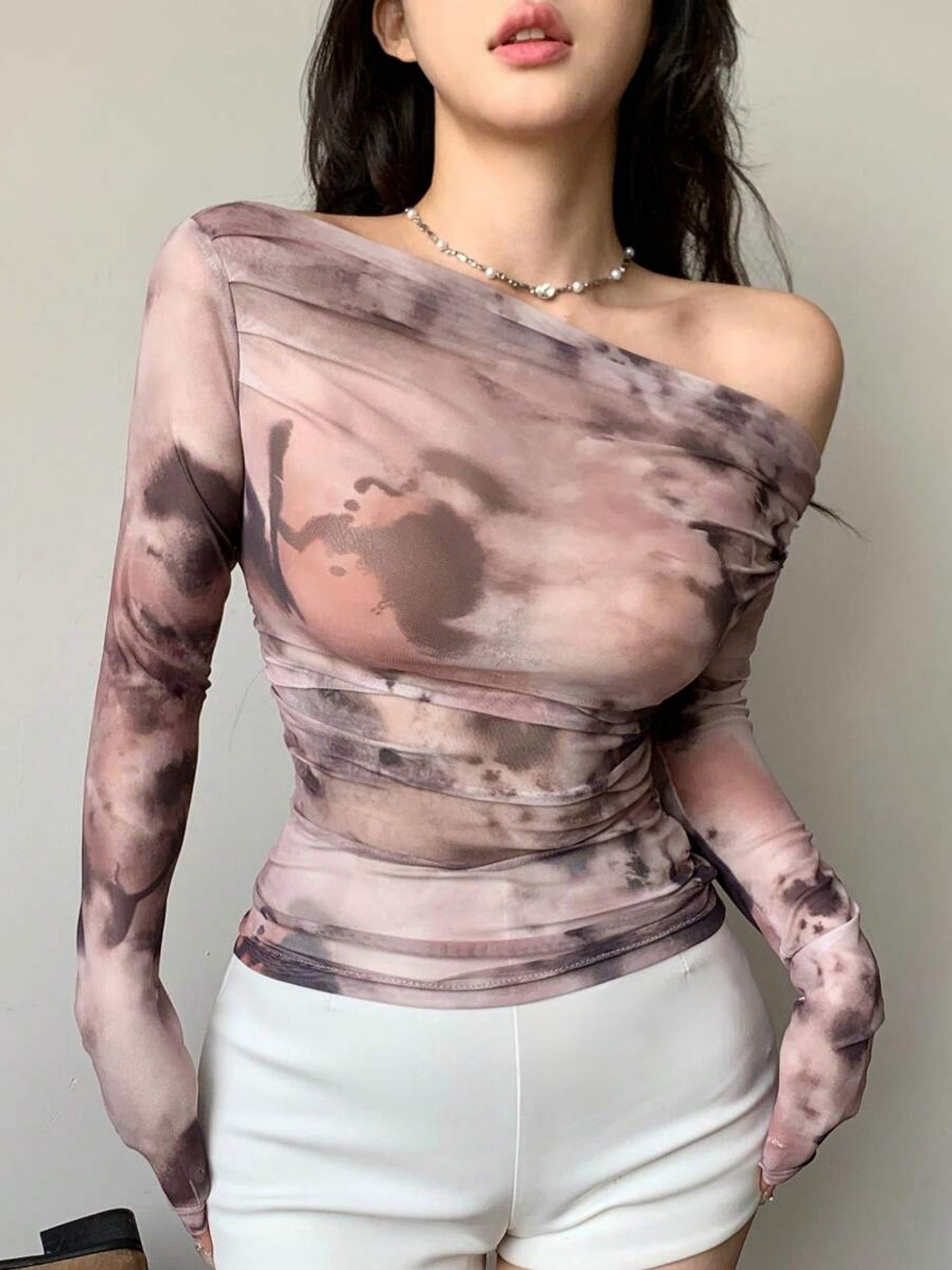 Marble Mesh One-Shoulder Top