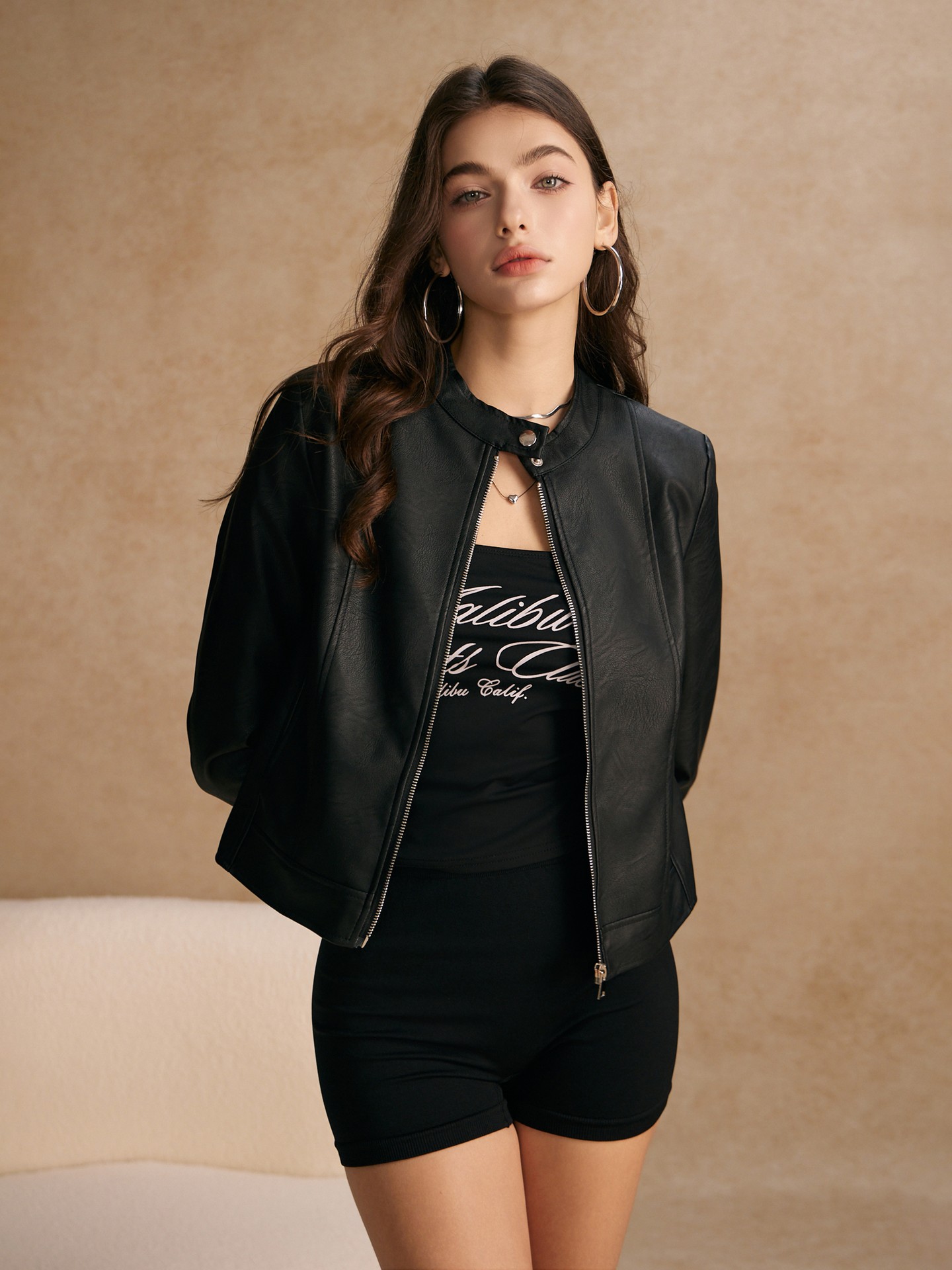 Padded-Shoulder Faux Leather Jacket