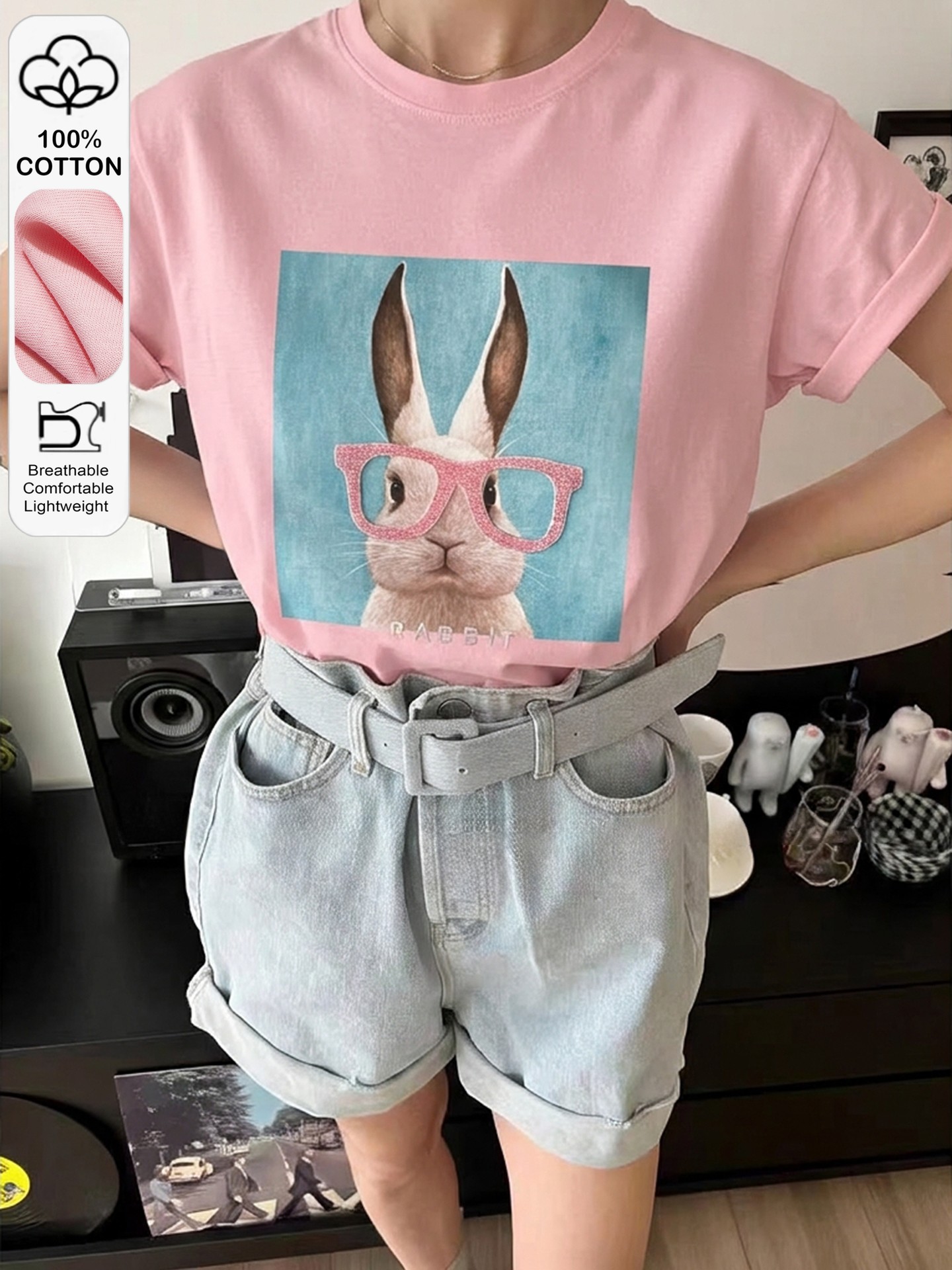 Campus Crush Rabbit Print Cotton Tee