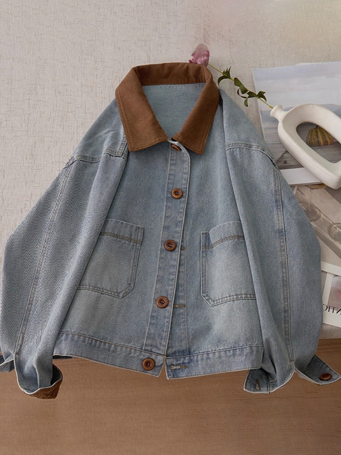 Dropped Shoulder Sleeve Vintage Light Wash Pocket Denim Trucker Jacket
