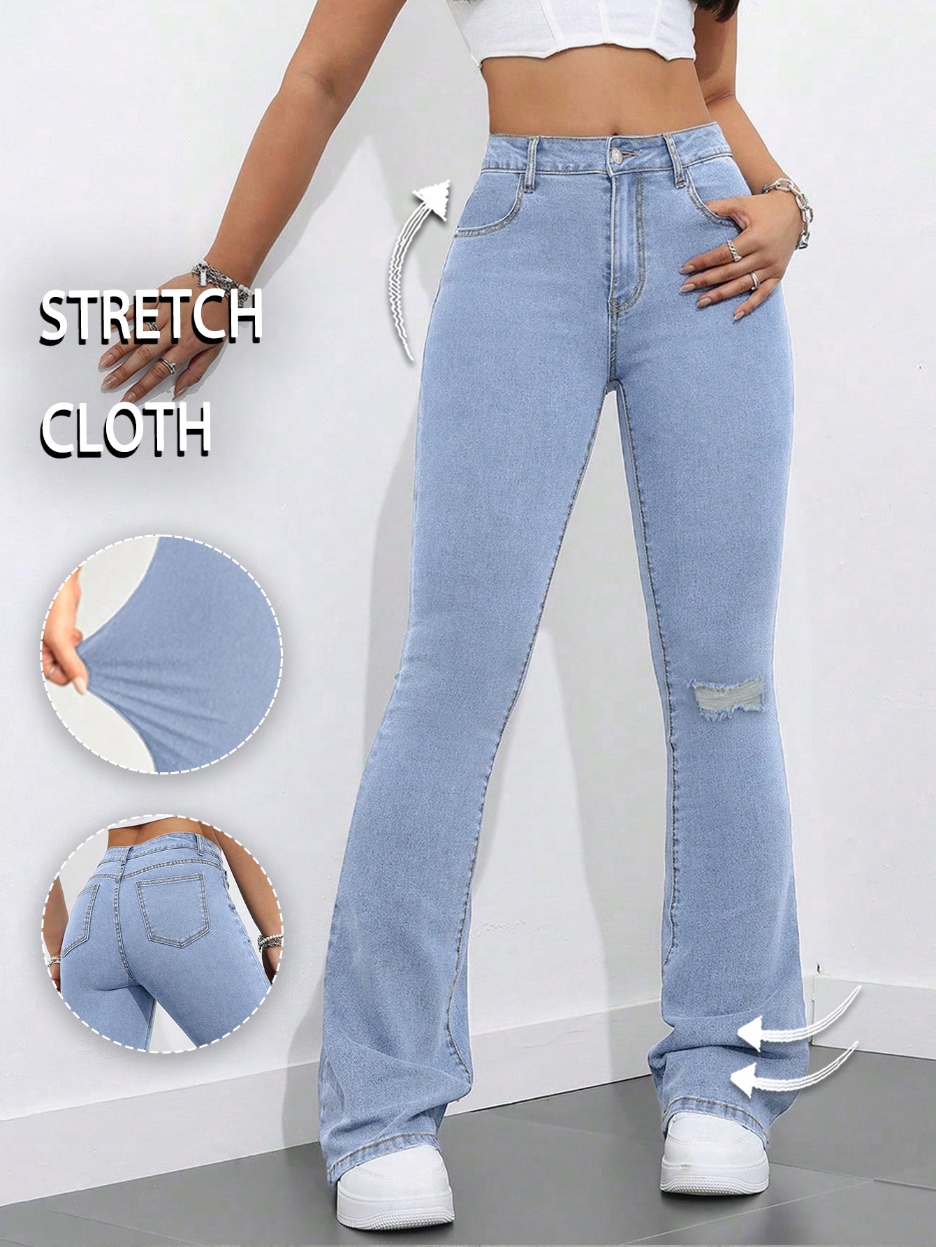 [ High Stretch ] Regular waist Light Wash Destroy Flare Leg Jeans