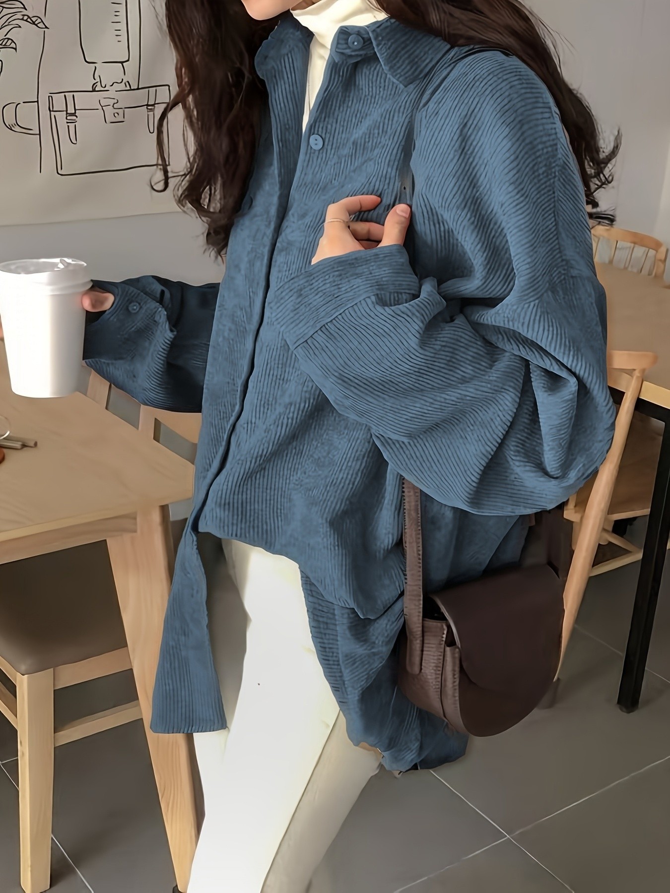 Stylish Blue Corduroy Button-down Shirt: Oversized Silhouette