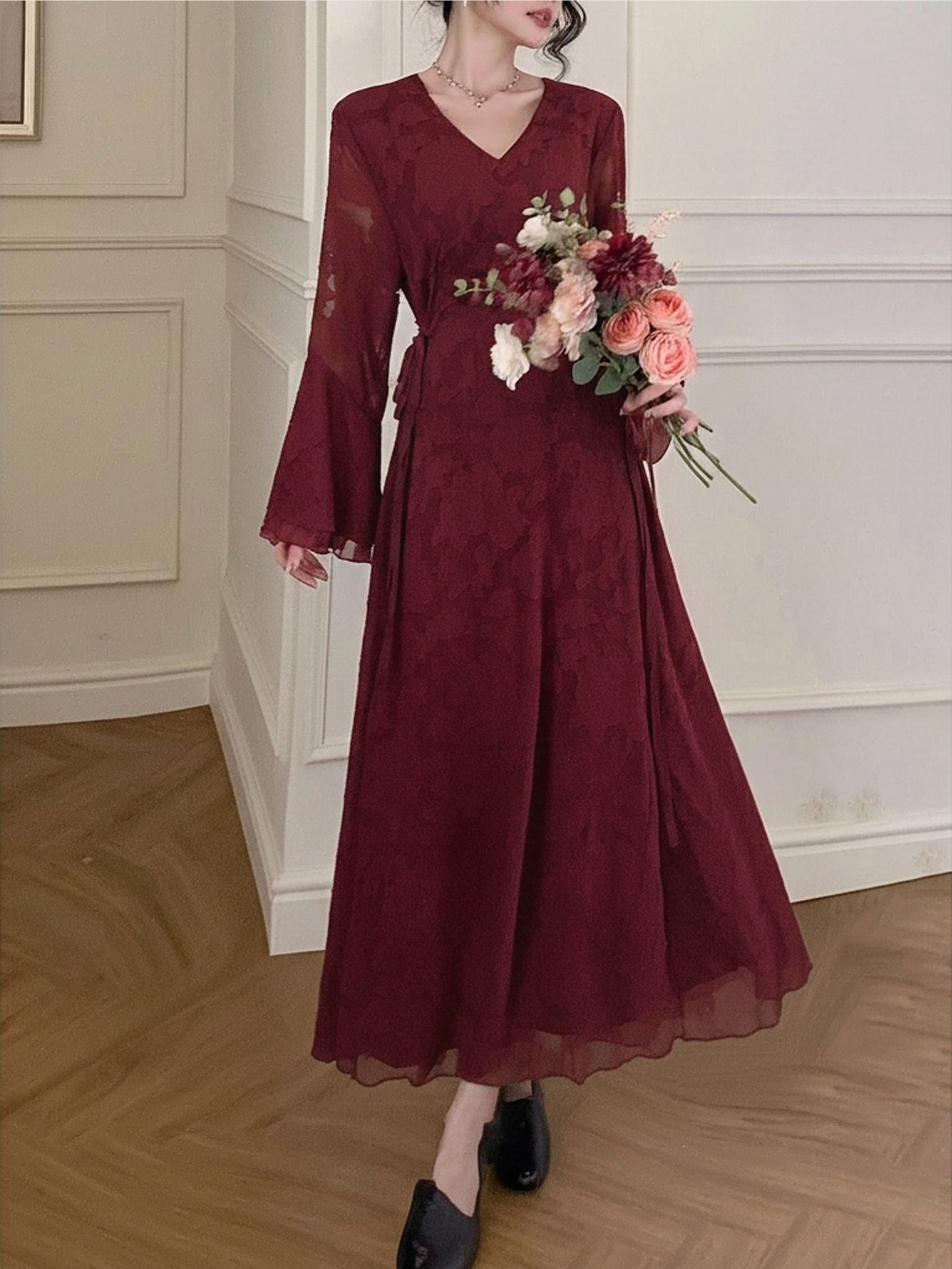 Flare Sleeve Lace up Elegant Dress