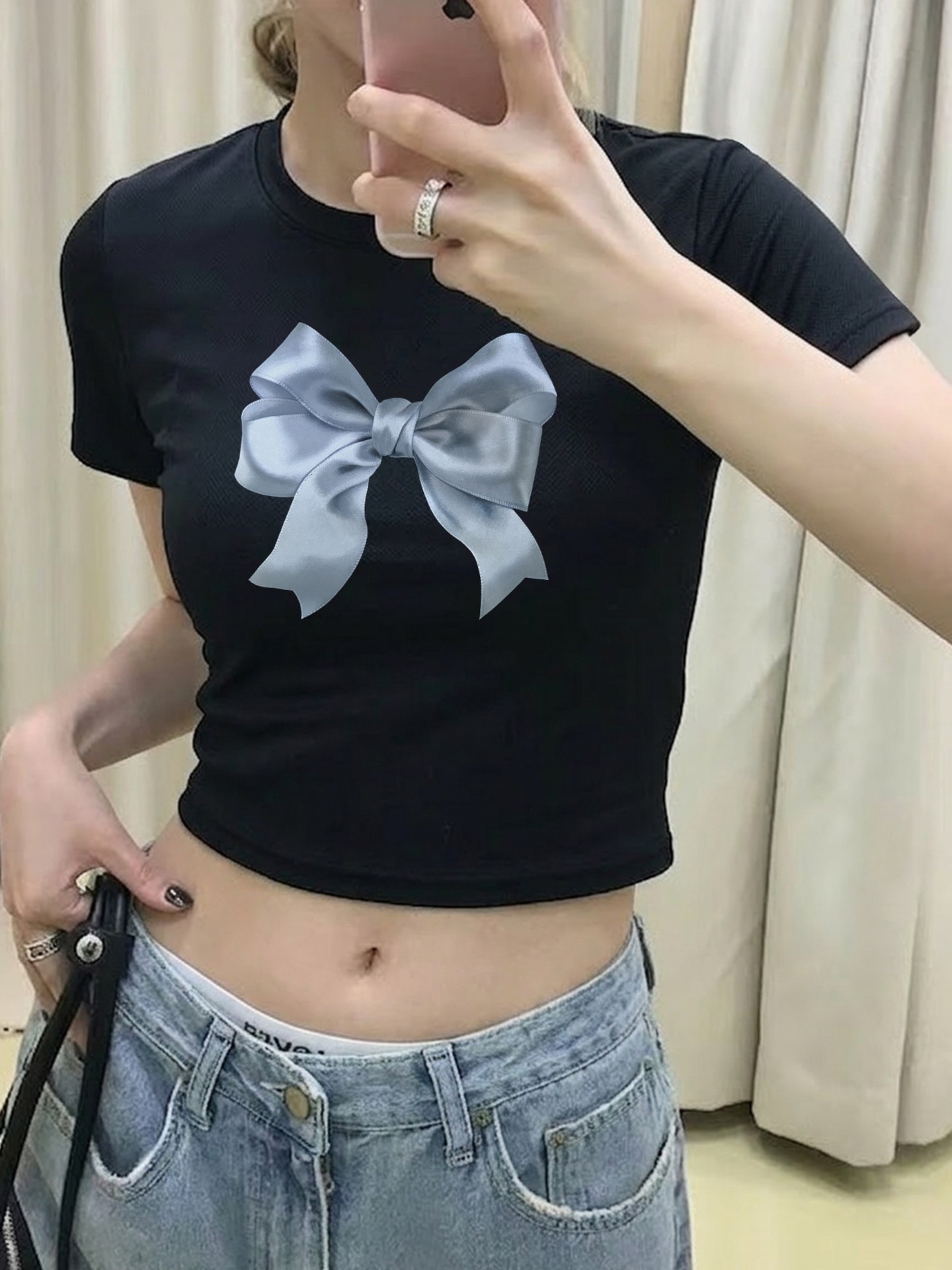Soft-Girl Bow Print Crop Pullover T-Shirt