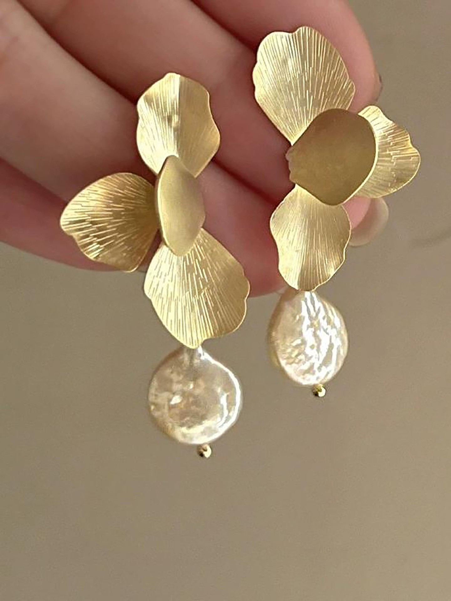 Golden Hour Floral Petal Pearl Dangle Earrings