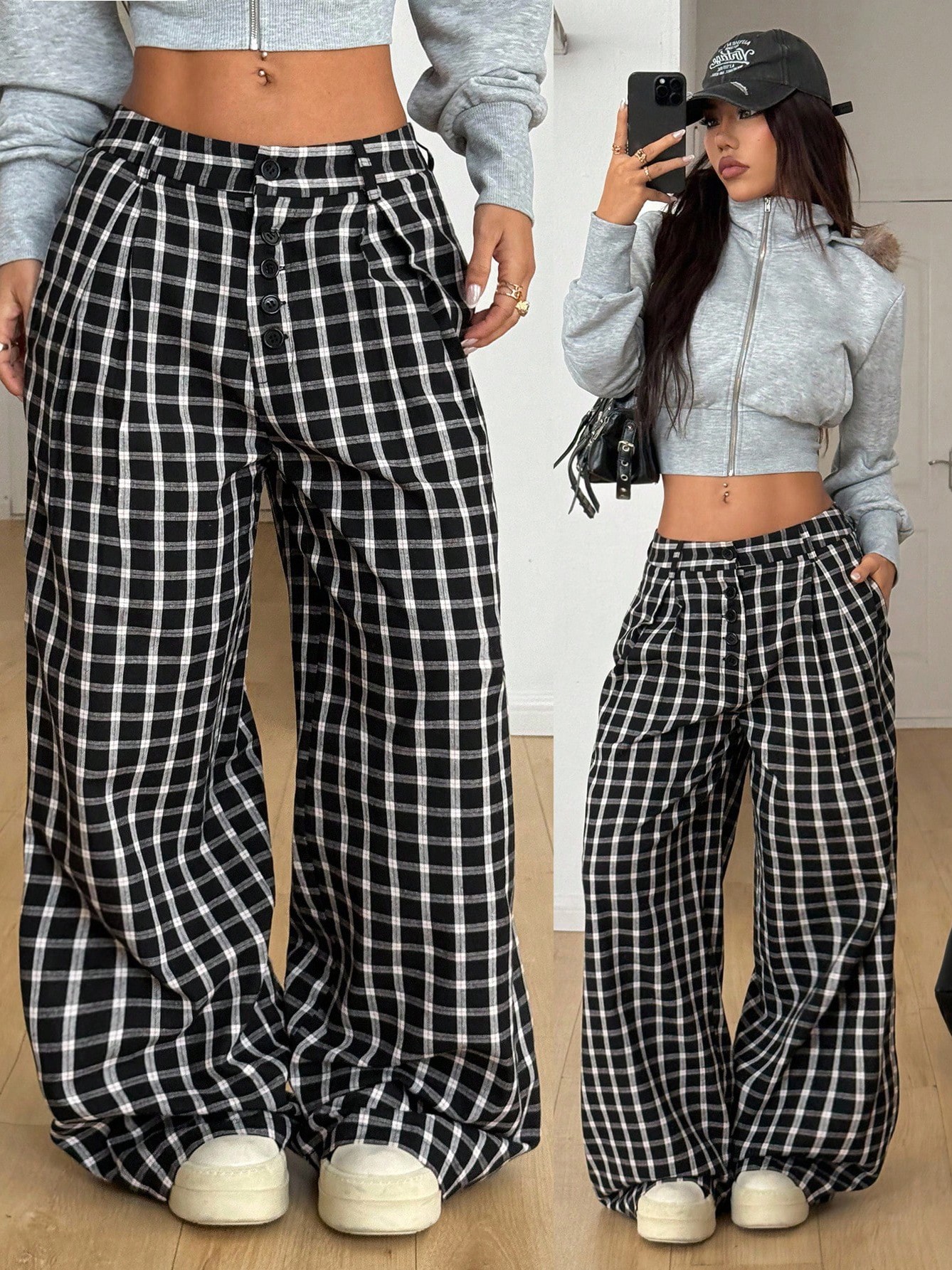Regular waist Black-White Straight Leg Pants
