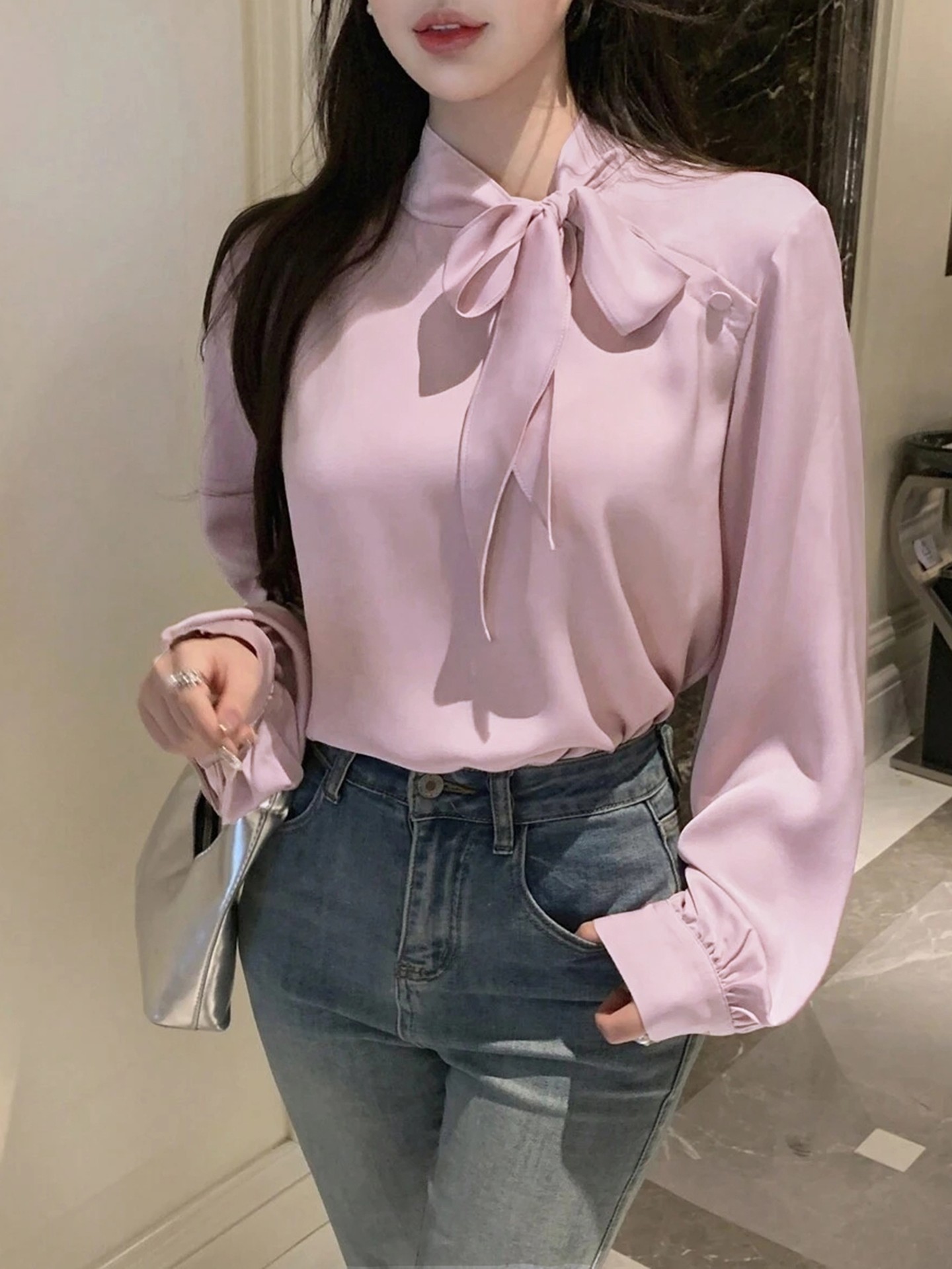 Romantic Pink Satin Bow-Neckline Blouse