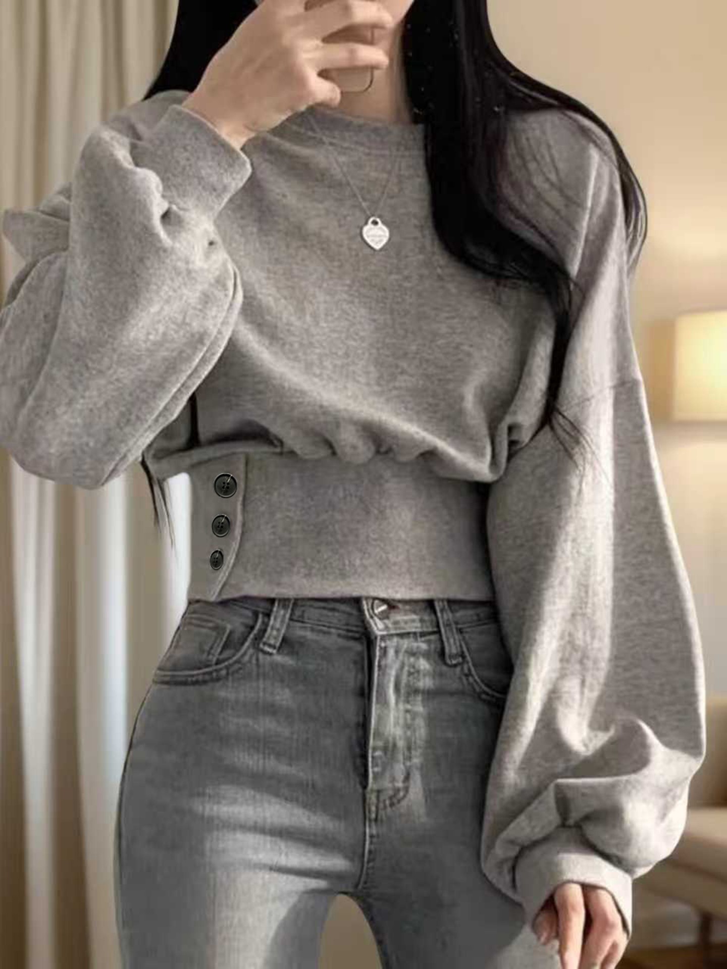 Slim Fit Waist-Cinched Grey Sweatshirt