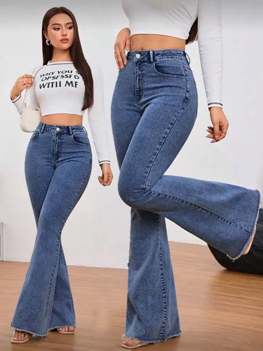 Medium Stretch ] Pink Heart Embroidered Sexy Flare Leg Jeans