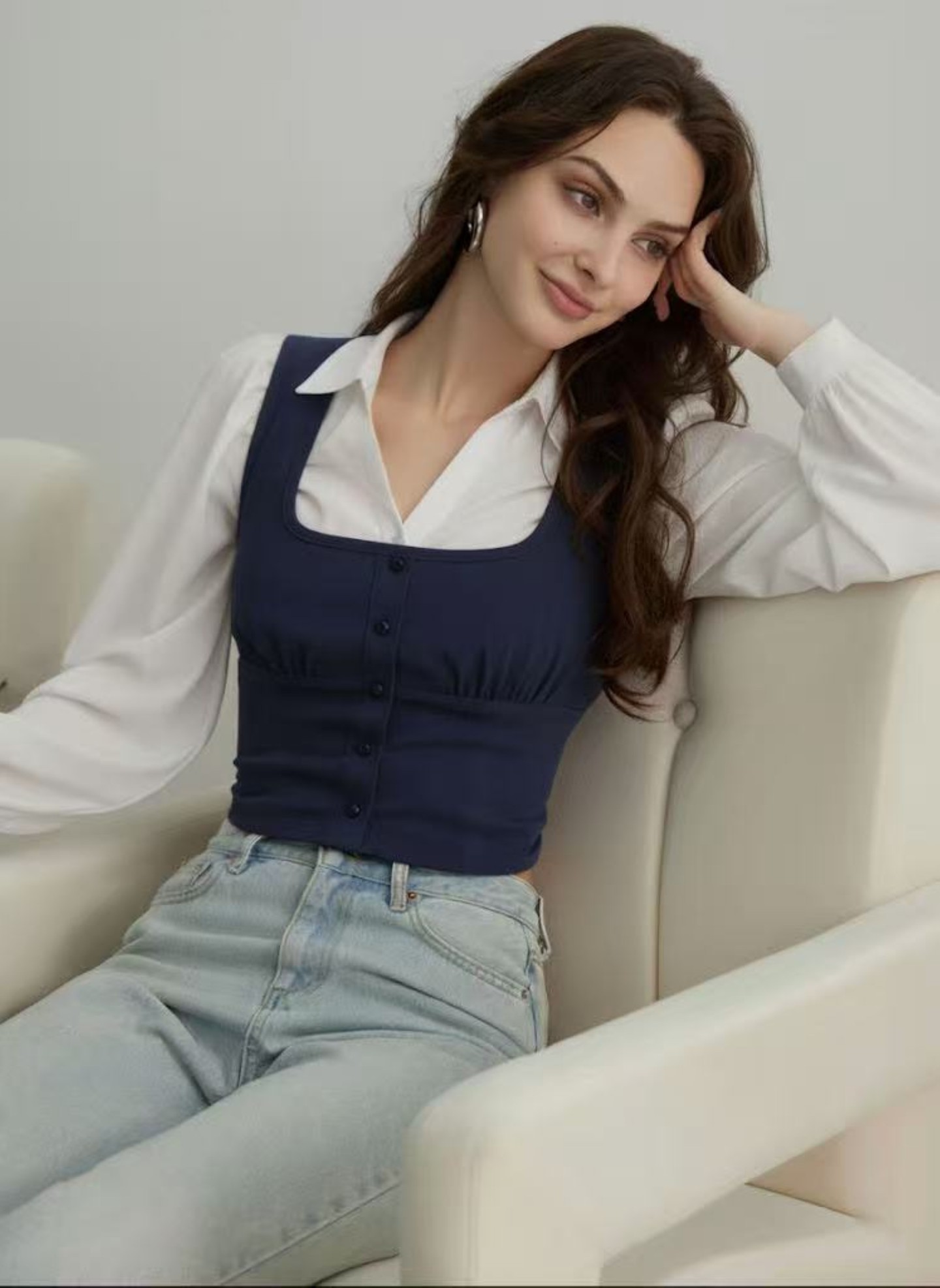 Navy & White Contrast Puff Sleeve Blouse
