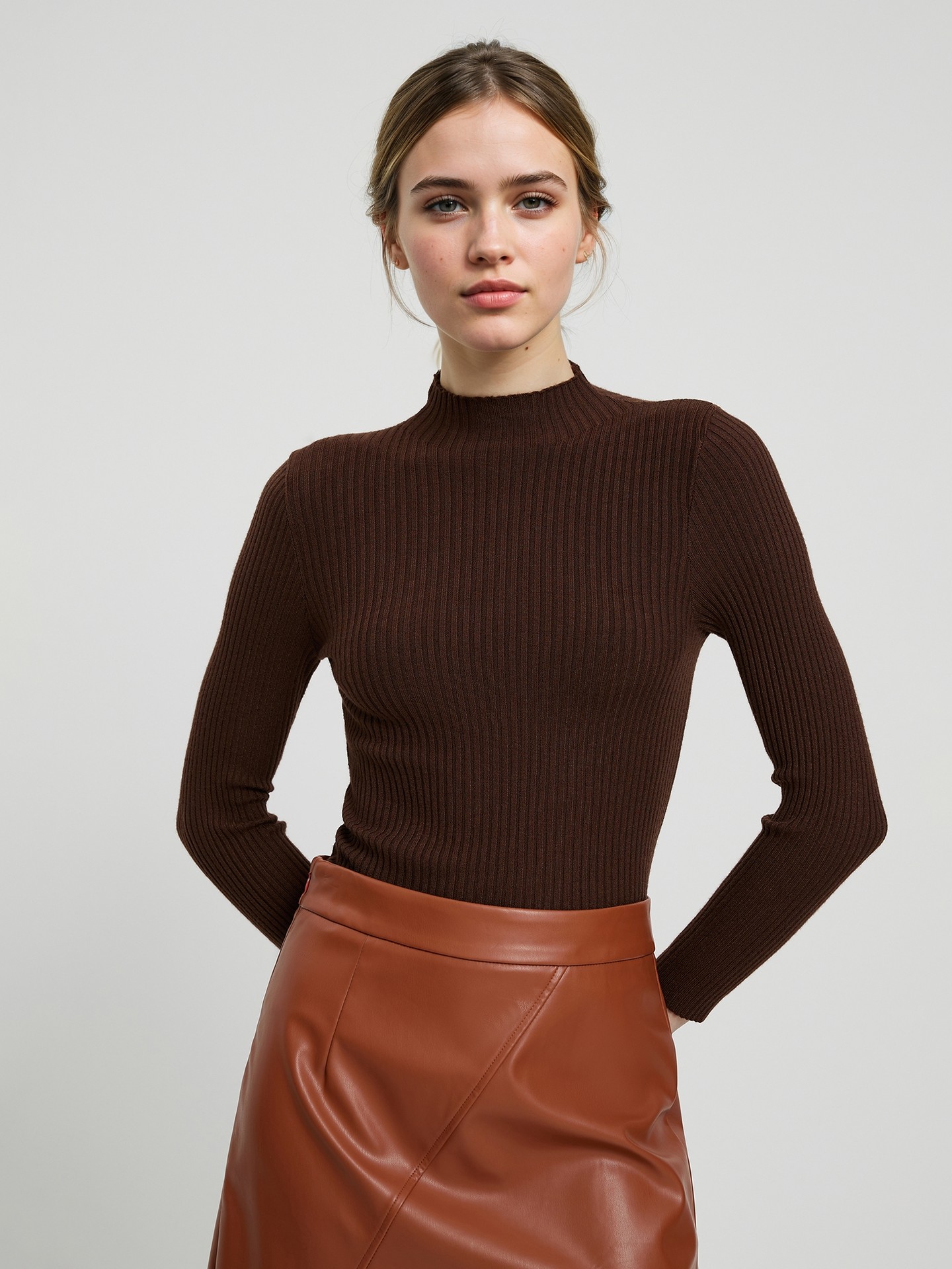 Rib-Knit Mock Neck Long Sleeve Top