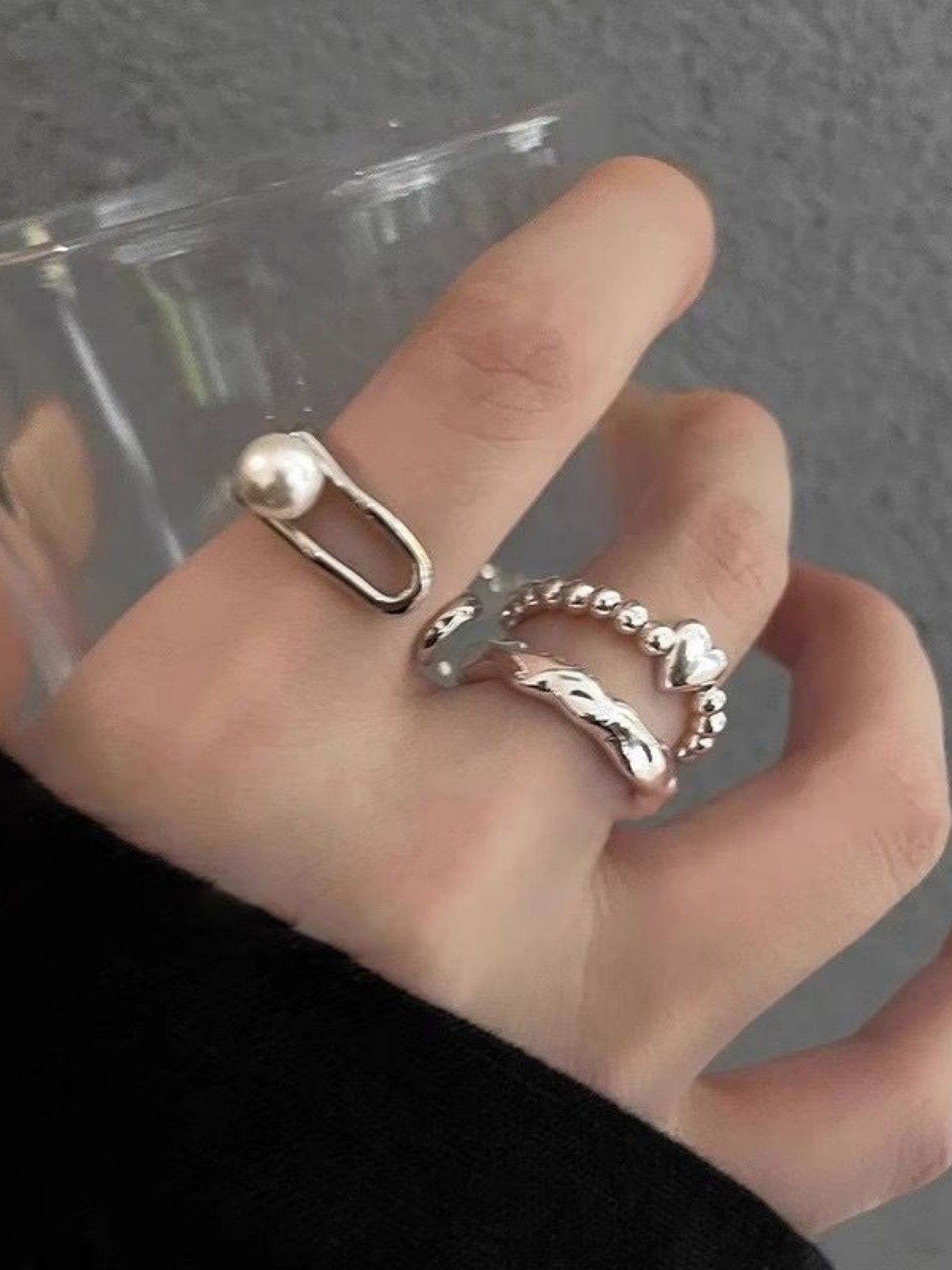 Pearl Pin & Layered Beaded Heart Silver Ring Set