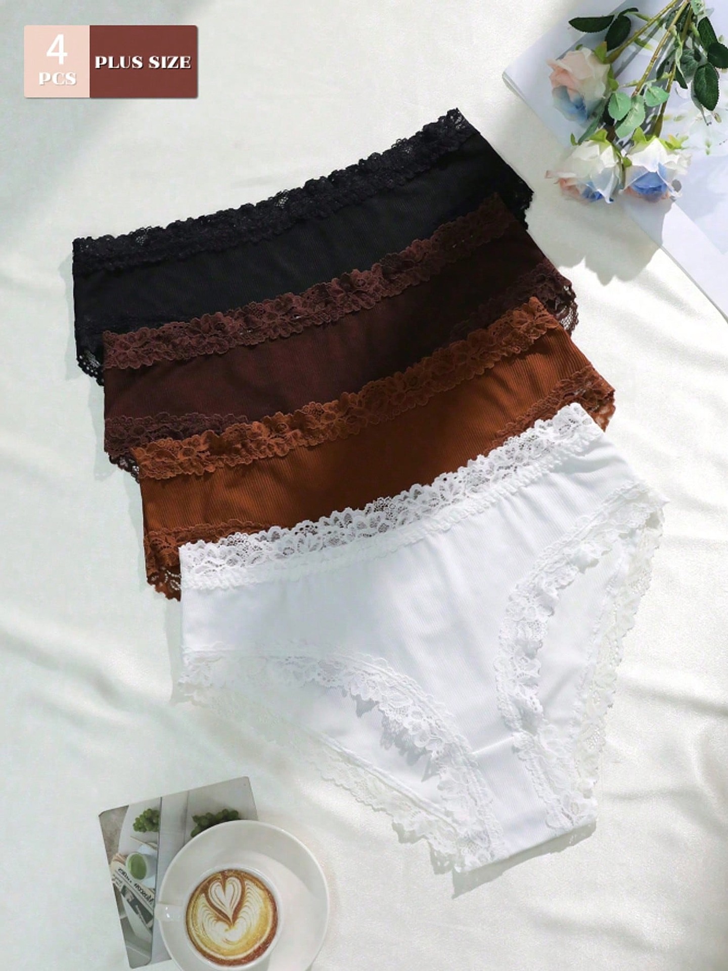 4Pcs Plus Size Lace-trimmed Briefs