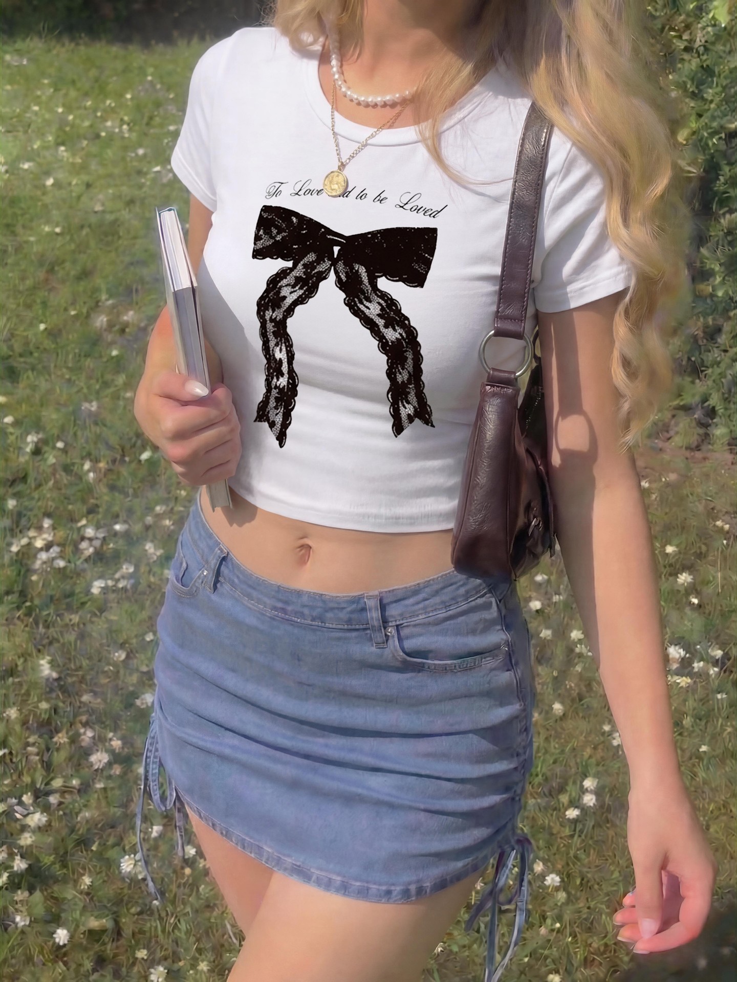 Campus Crush Bow Print Crop Pullover T-Shirt